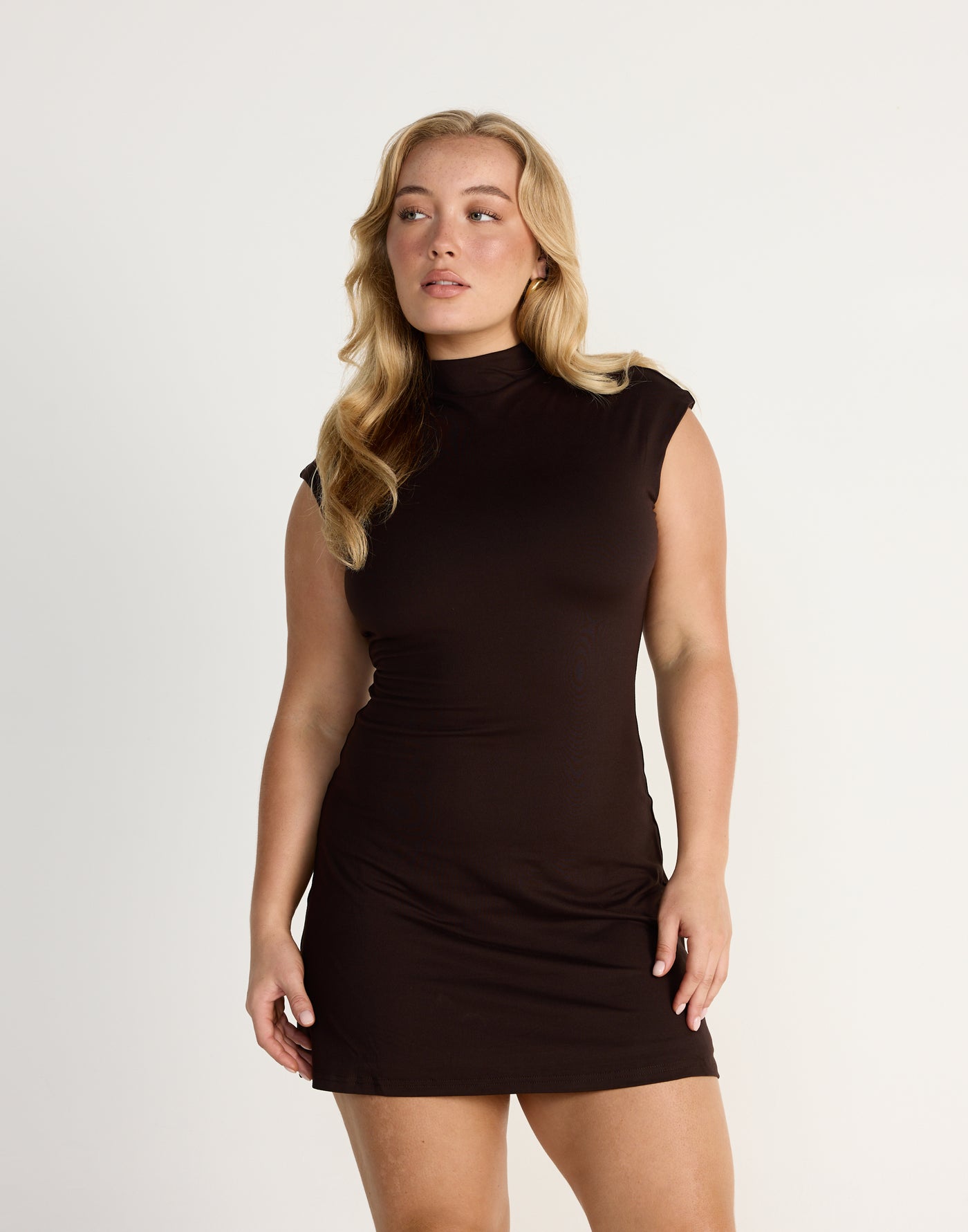 Daney Mini Dress (Chocolate) | CHARCOAL EXCLUSIVE | Brown Jersey Fabrication Fitted Highneck Mini Dress - Women's Dress - Charcoal Clothing