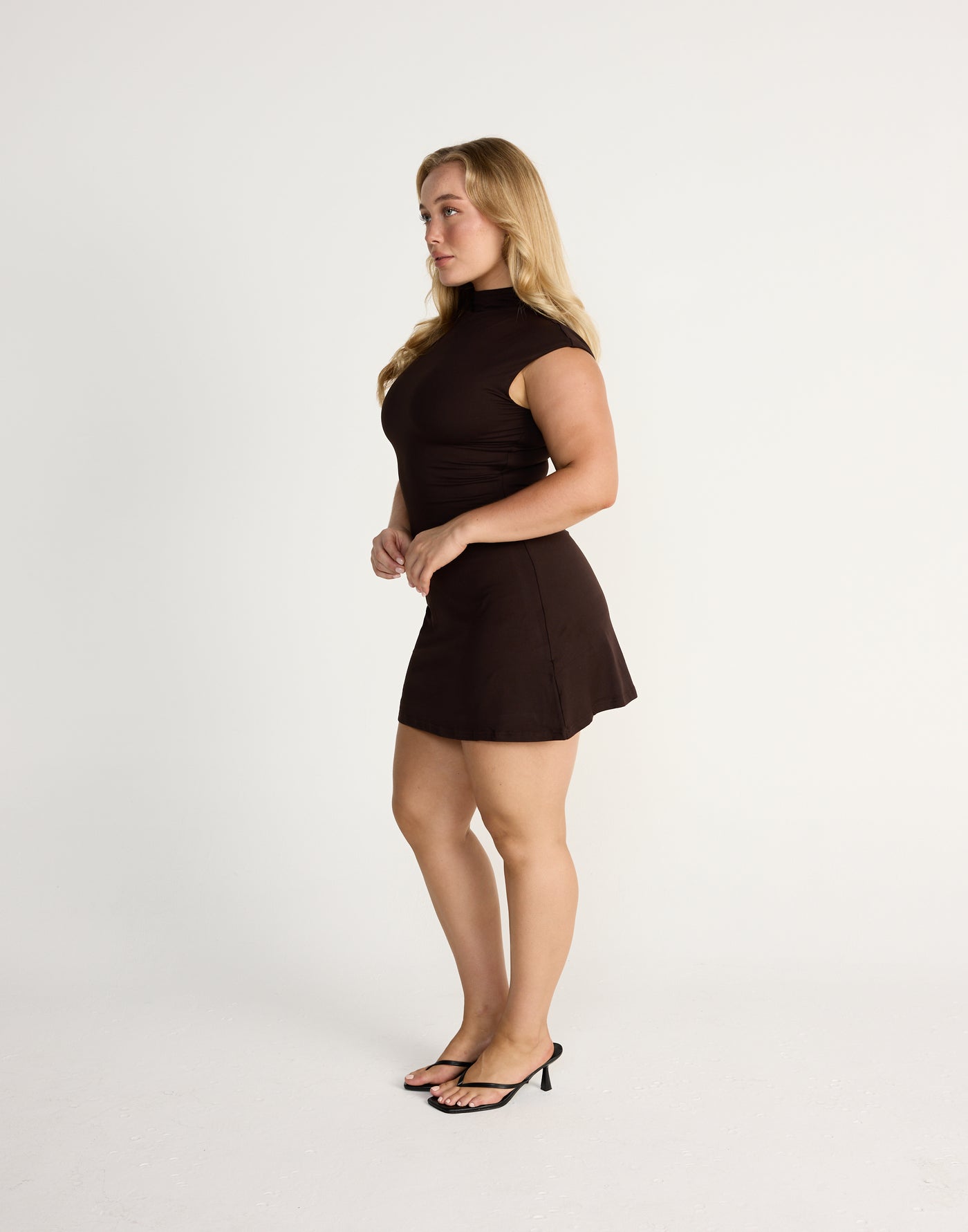 Daney Mini Dress (Chocolate) | CHARCOAL EXCLUSIVE | Brown Jersey Fabrication Fitted Highneck Mini Dress - Women's Dress - Charcoal Clothing
