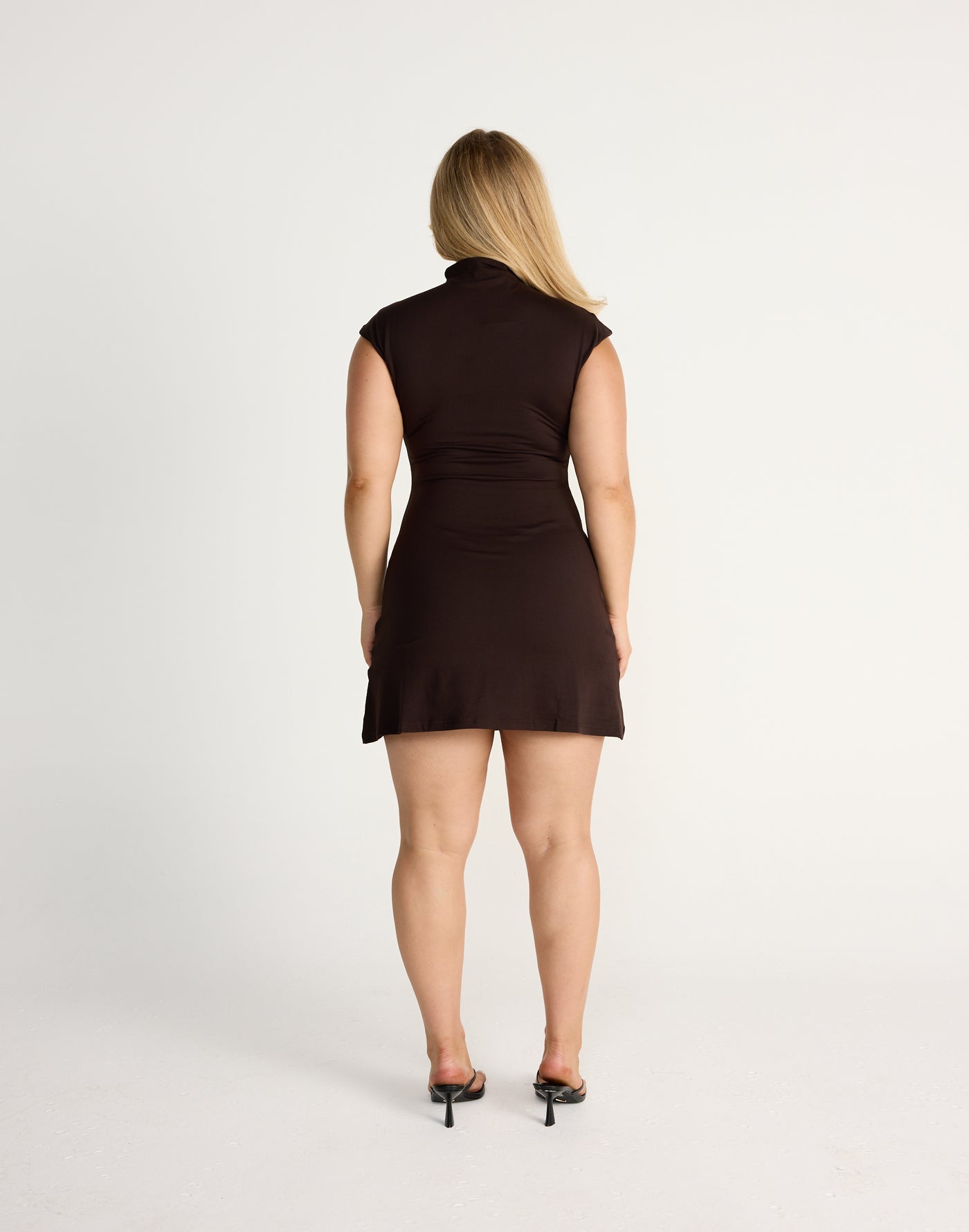 Daney Mini Dress (Chocolate) | CHARCOAL EXCLUSIVE | Brown Jersey Fabrication Fitted Highneck Mini Dress - Women's Dress - Charcoal Clothing