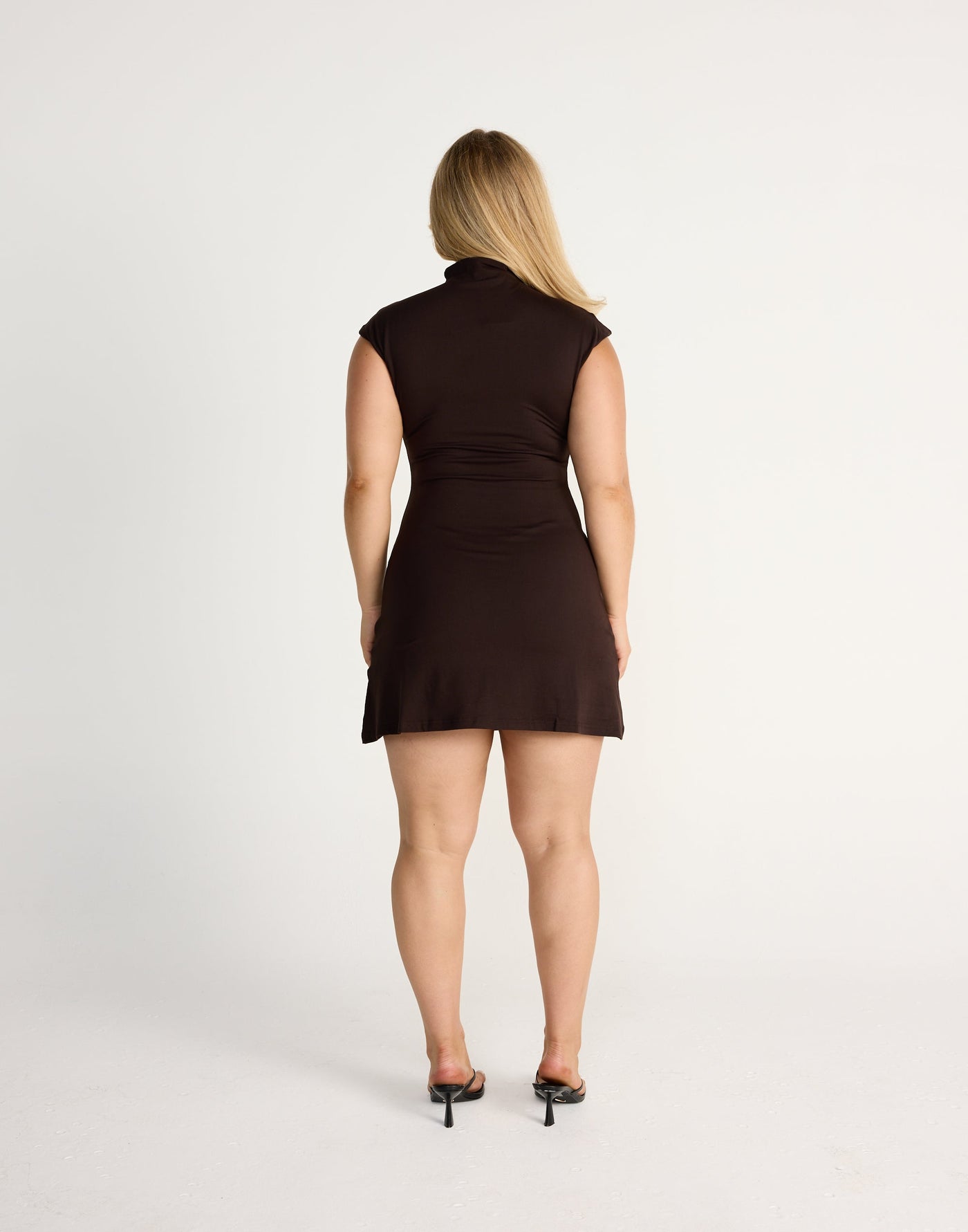 Daney Mini Dress (Chocolate) | CHARCOAL EXCLUSIVE | Brown Jersey Fabrication Fitted Highneck Mini Dress - Women's Dress - Charcoal Clothing