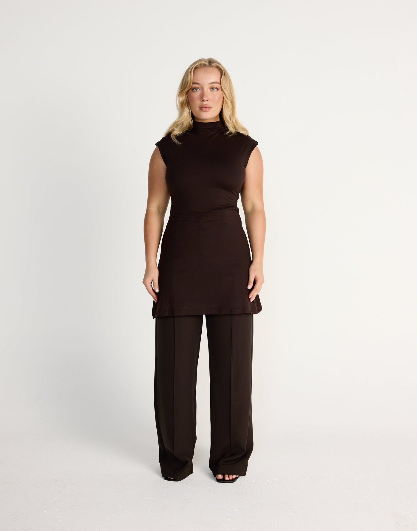 Daney Mini Dress (Chocolate) | CHARCOAL EXCLUSIVE | Brown Jersey Fabrication Fitted Highneck Mini Dress - Women's Dress - Charcoal Clothing