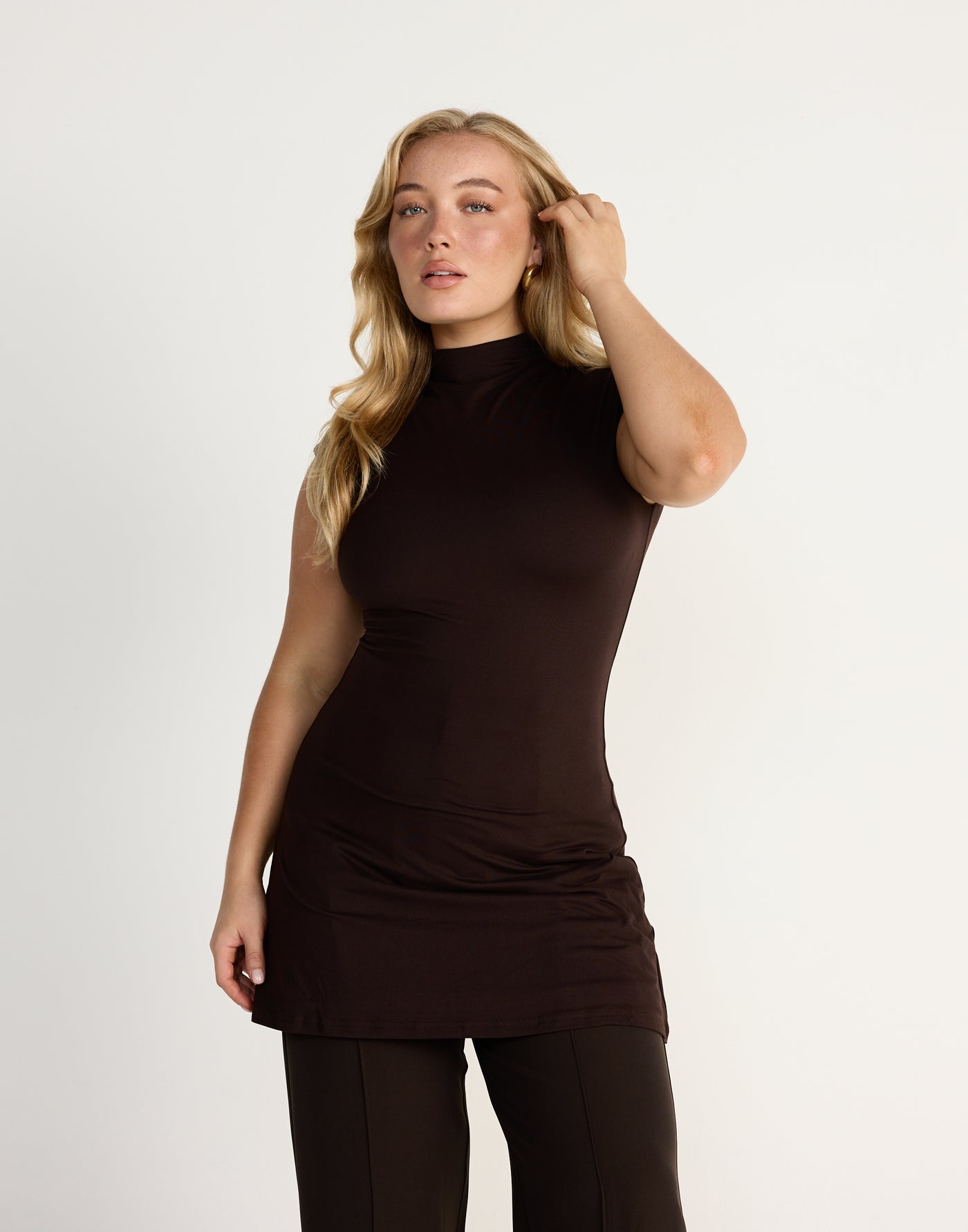 Daney Mini Dress (Chocolate) | CHARCOAL EXCLUSIVE | Brown Jersey Fabrication Fitted Highneck Mini Dress - Women's Dress - Charcoal Clothing