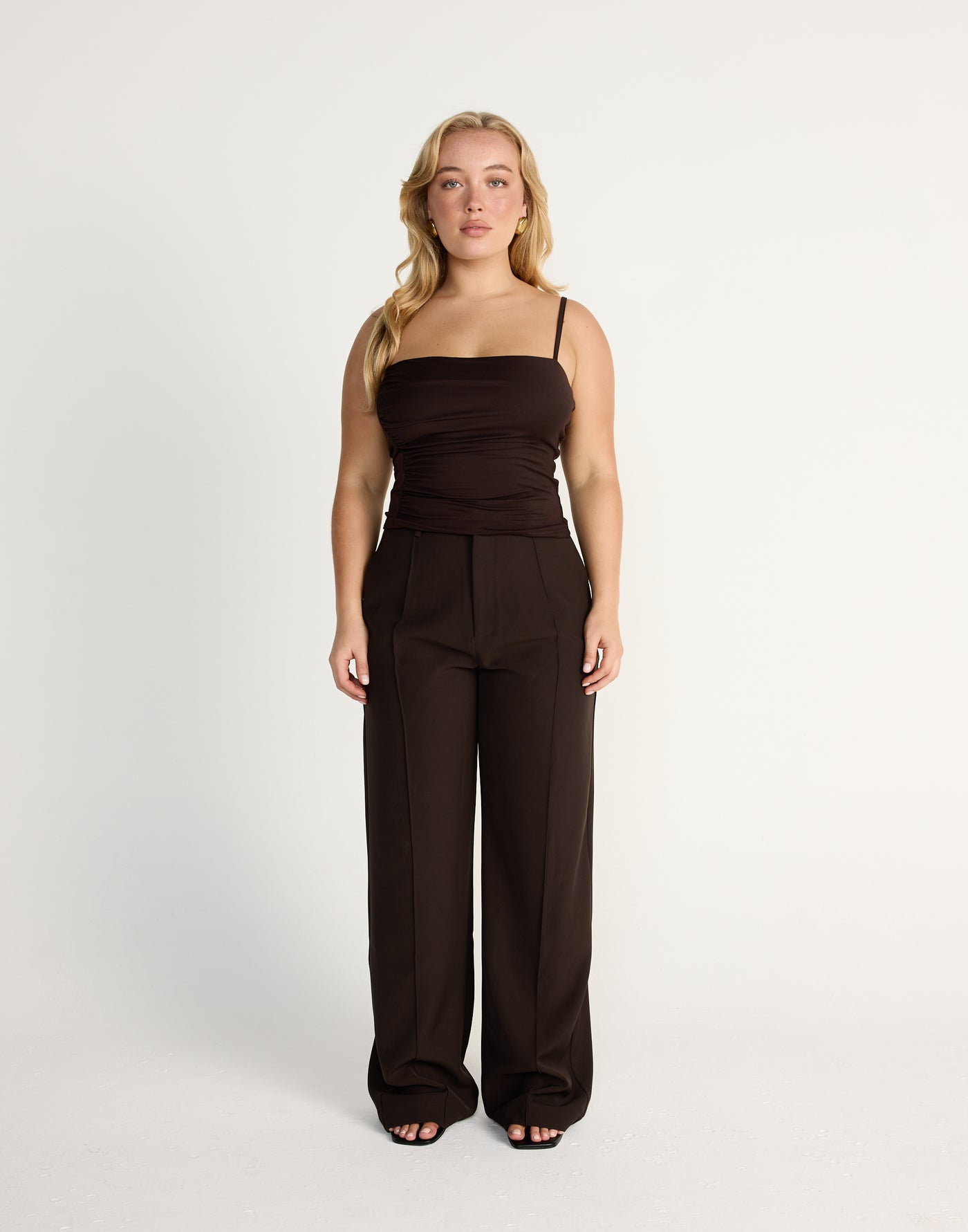 Mira Top (Chocolate)| CHARCOAL EXCLUSIVE | Jersey Fabrication Ruched Singlet Top - Women's Top - Charcoal Clothing