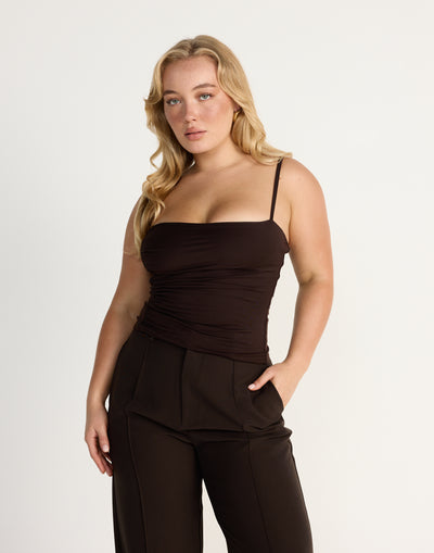 Mira Top (Chocolate)| CHARCOAL EXCLUSIVE | Jersey Fabrication Ruched Singlet Top - Women's Top - Charcoal Clothing