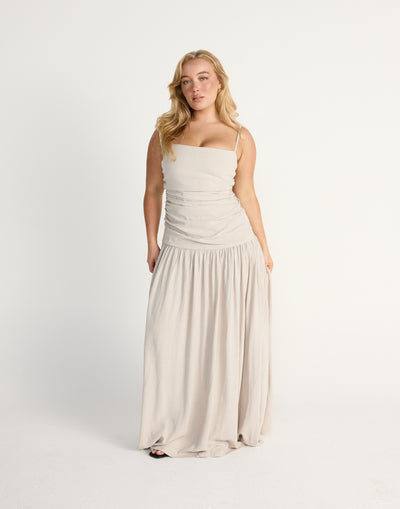 Reese Maxi Dress (Latte) | CHARCOAL Exclusive - Gathered Waist Drop Waist Linen Blend Maxi - Women's Dress - Charcoal Clothing