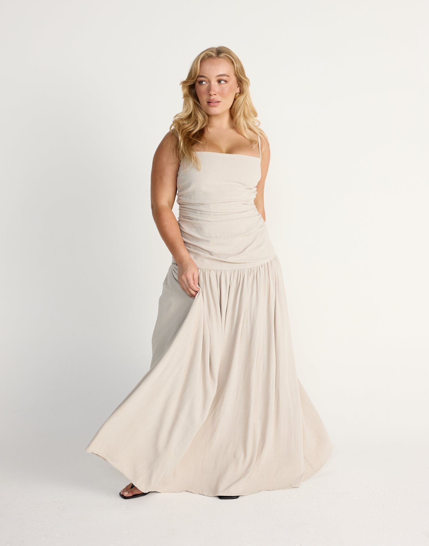 Reese Maxi Dress (Latte) | CHARCOAL Exclusive - Gathered Waist Drop Waist Linen Blend Maxi - Women's Dress - Charcoal Clothing