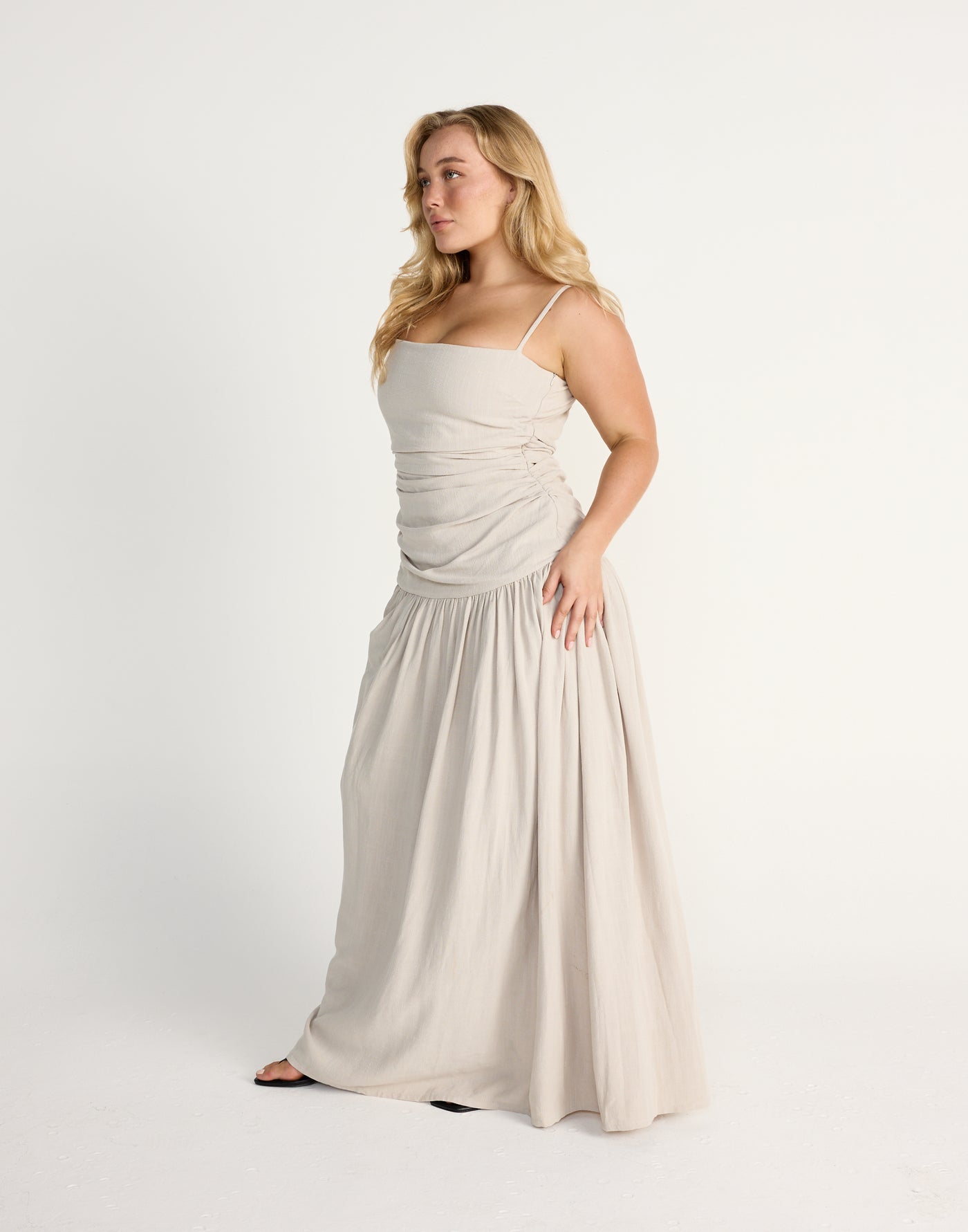Reese Maxi Dress (Latte) | CHARCOAL Exclusive - Gathered Waist Drop Waist Linen Blend Maxi - Women's Dress - Charcoal Clothing