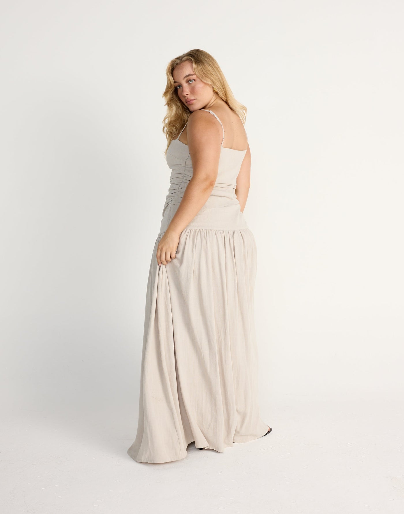 Reese Maxi Dress (Latte) | CHARCOAL Exclusive - Gathered Waist Drop Waist Linen Blend Maxi - Women's Dress - Charcoal Clothing