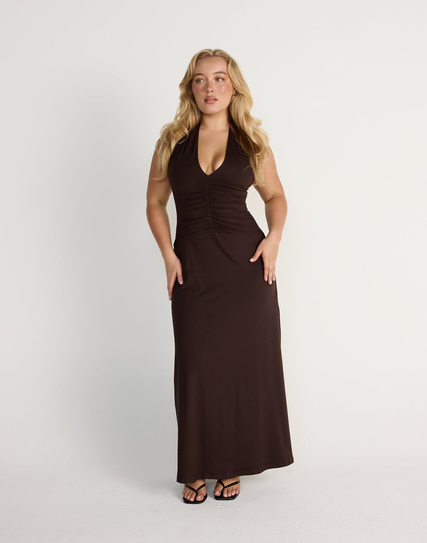 Araminta Maxi Dress (Chocolate) | CHARCOAL Exclusive - V-neck Open Front Gathered Bust Bodycon Maxi Dress - Women's Dress - Charcoal Clothing