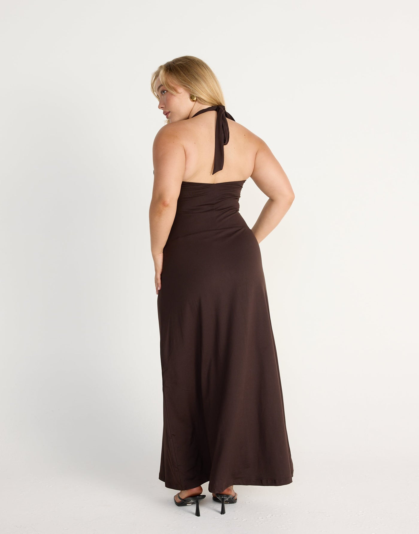 Araminta Maxi Dress (Chocolate) | CHARCOAL Exclusive - V-neck Open Front Gathered Bust Bodycon Maxi Dress - Women's Dress - Charcoal Clothing