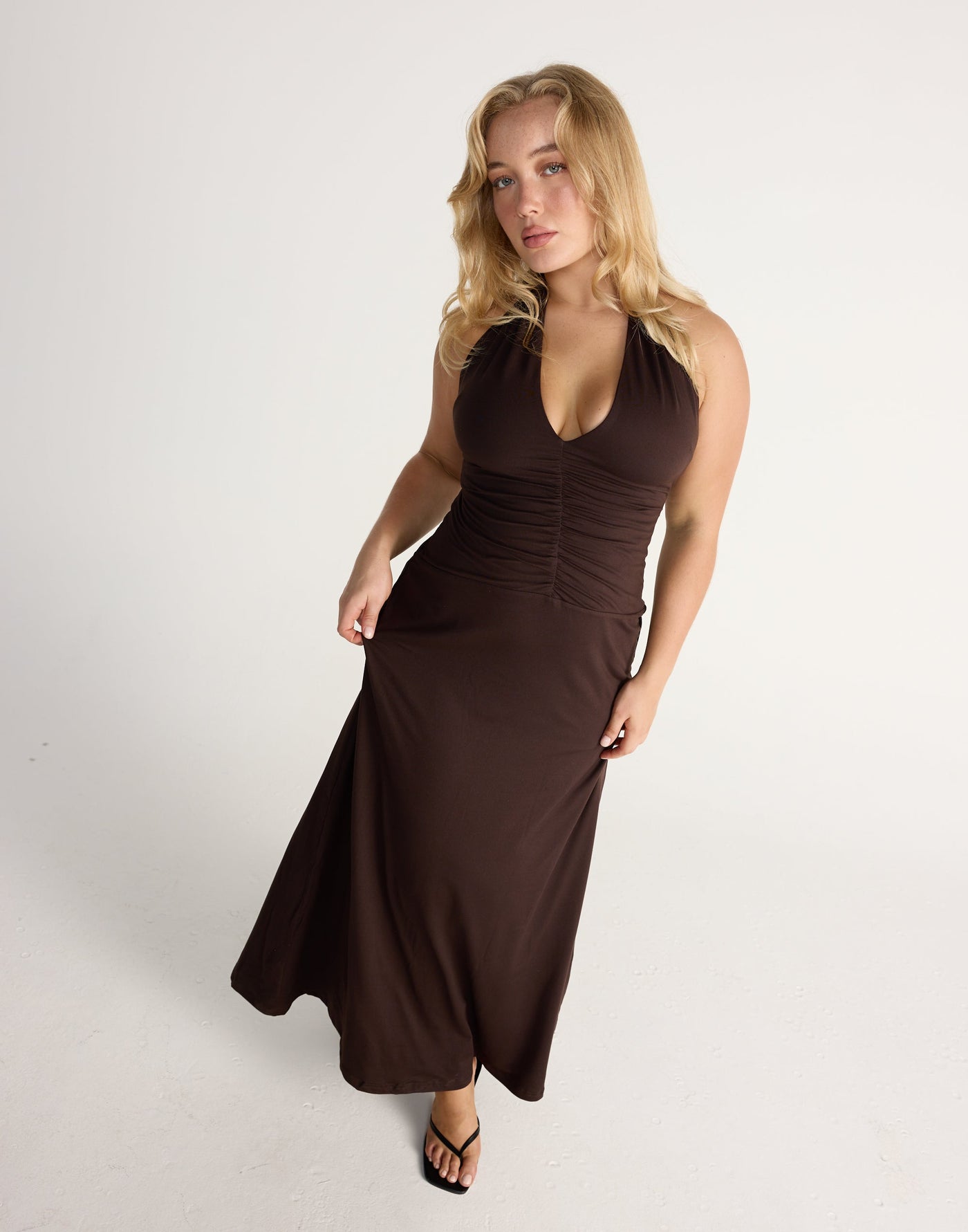 Araminta Maxi Dress (Chocolate) | CHARCOAL Exclusive - V-neck Open Front Gathered Bust Bodycon Maxi Dress - Women's Dress - Charcoal Clothing