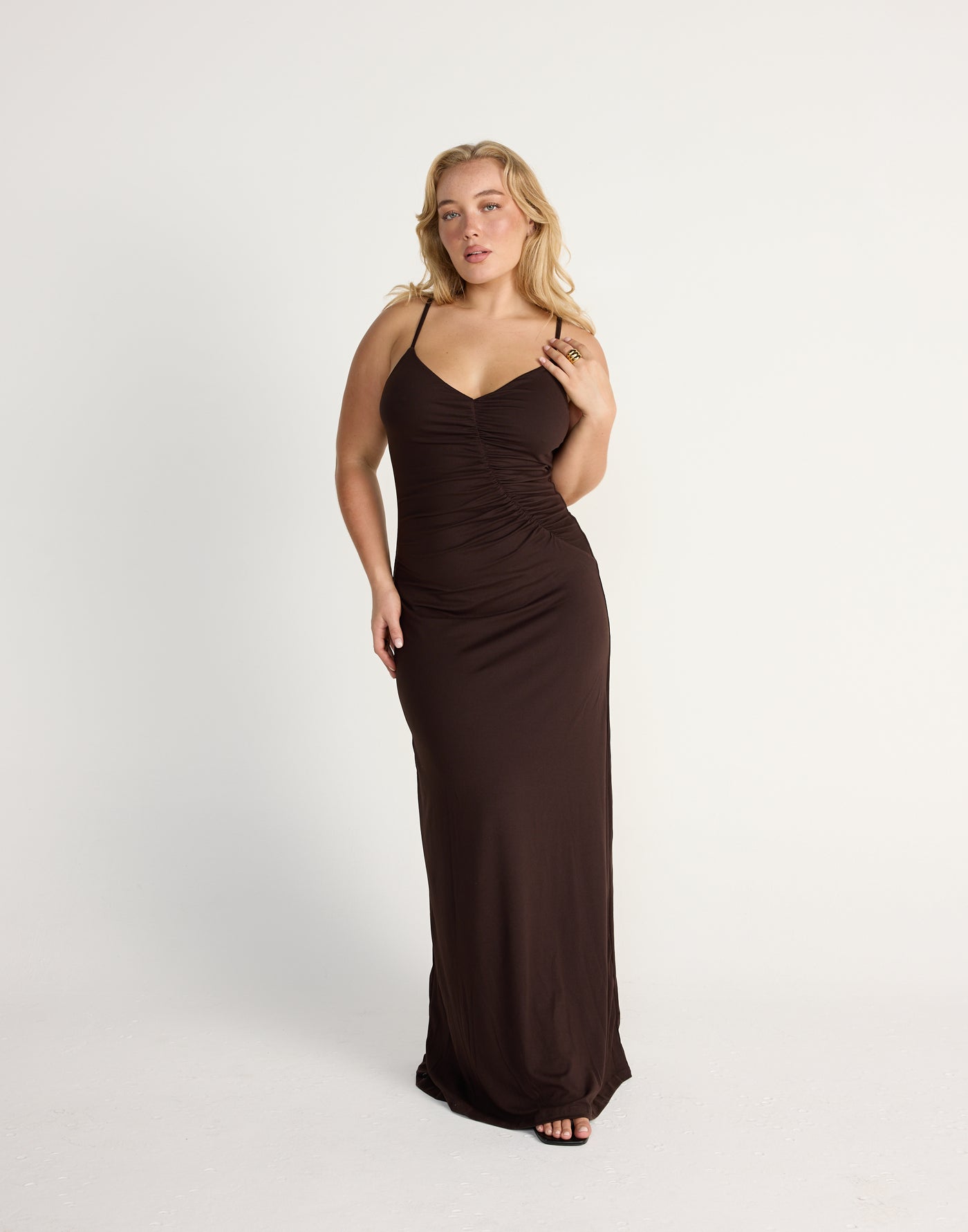 Broken Hearts Maxi Dress (Chocolate) | CHARCOAL Exclusive - Diagonal Ruched Detail Jersey Maxi - Women's Dress - Charcoal Clothing