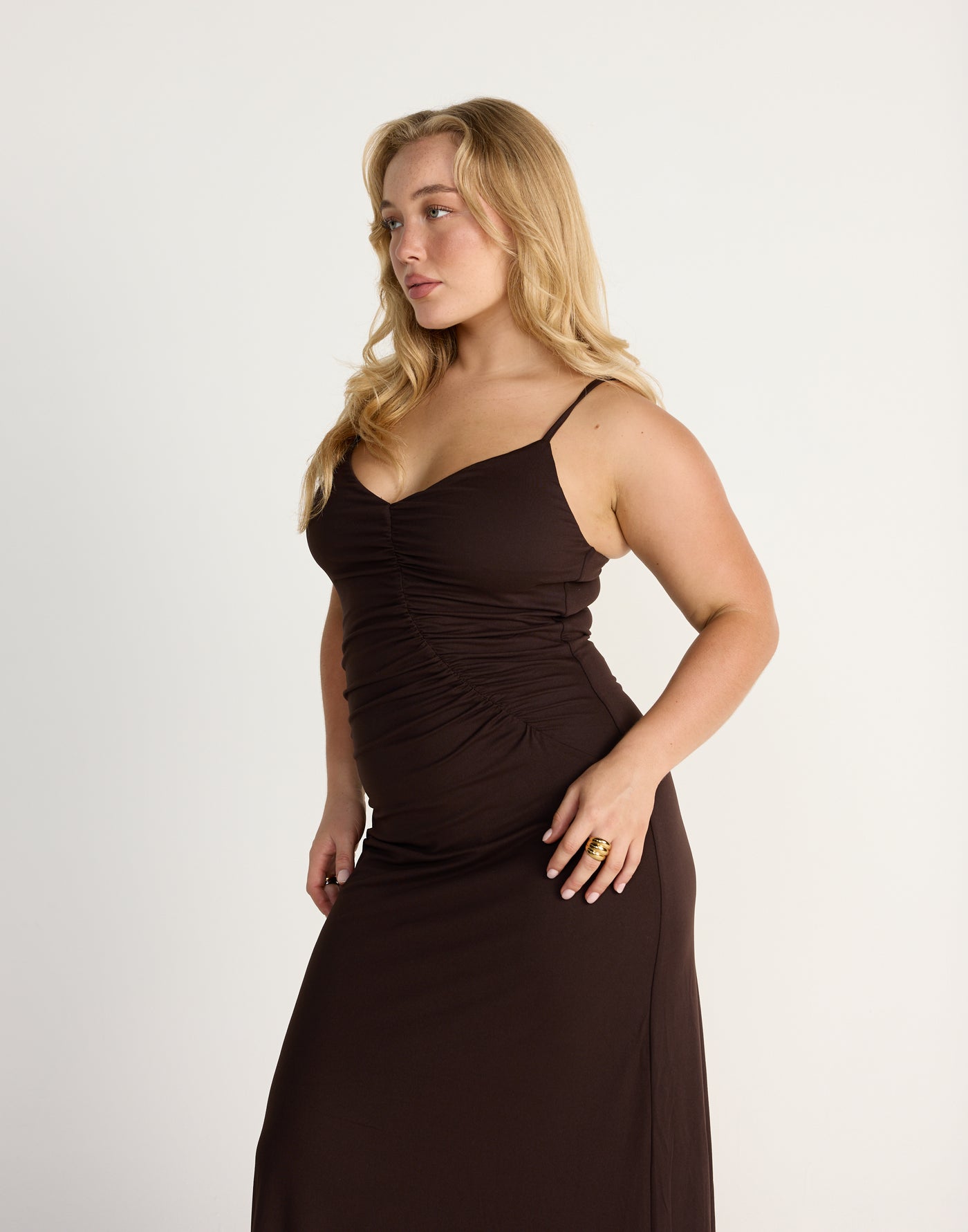Broken Hearts Maxi Dress (Chocolate) | CHARCOAL Exclusive - Diagonal Ruched Detail Jersey Maxi - Women's Dress - Charcoal Clothing