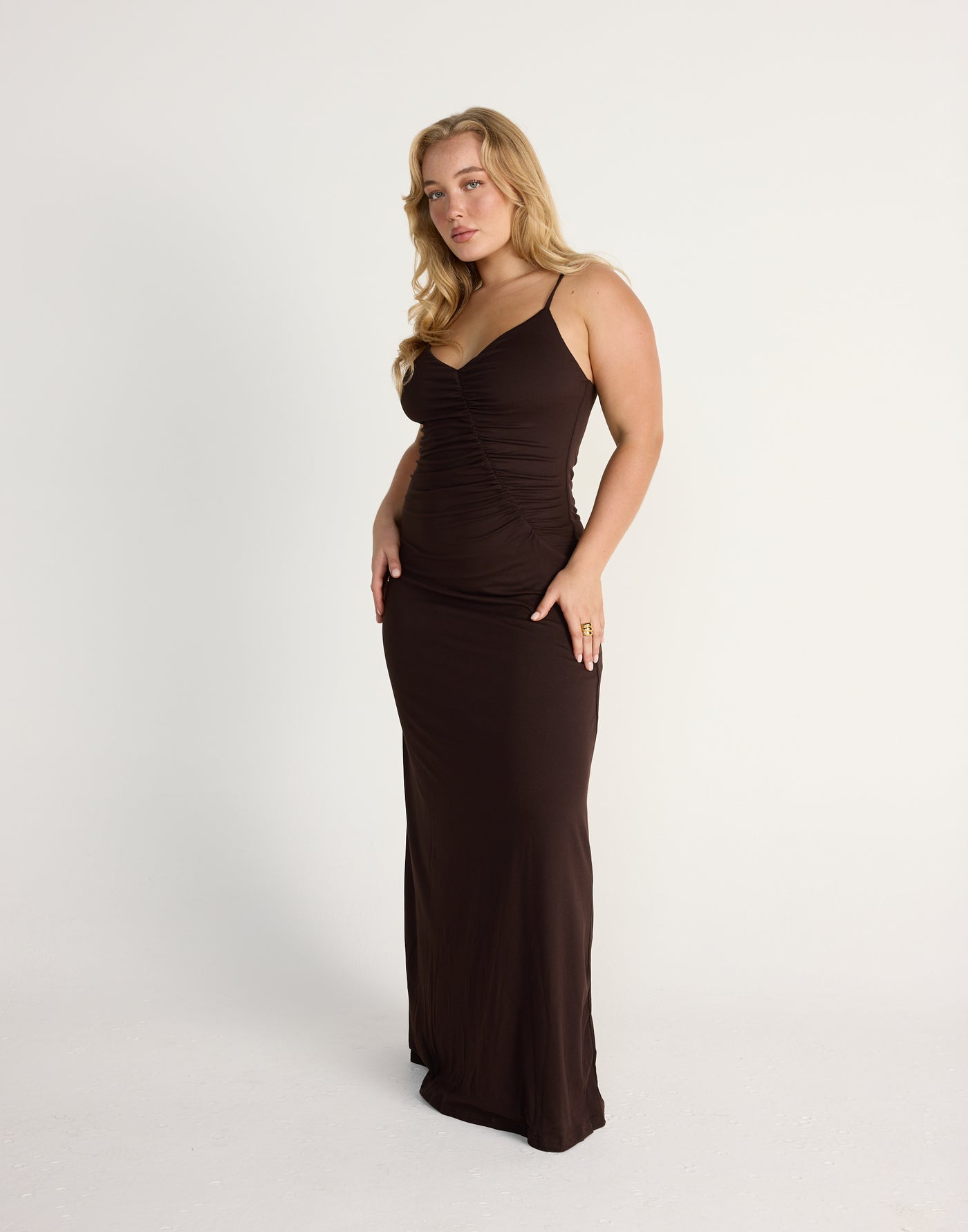 Broken Hearts Maxi Dress (Chocolate) | CHARCOAL Exclusive - Diagonal Ruched Detail Jersey Maxi - Women's Dress - Charcoal Clothing