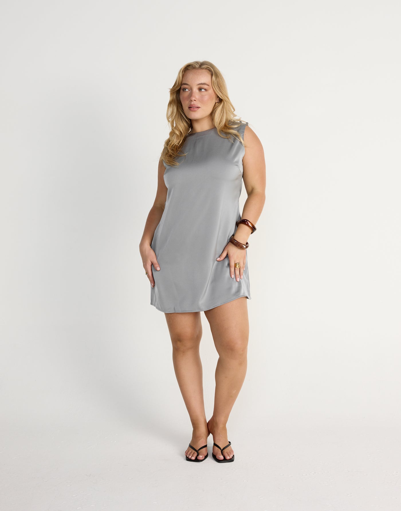 Rikke Mini Dress (Smokey Blue) | CHARCOAL Exclusive - Satin Backless Cut Out Relaxed Fit Mini - Women's Dress - Charcoal Clothing