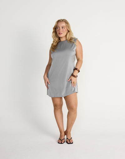 Rikke Mini Dress (Smokey Blue) | CHARCOAL Exclusive - Satin Backless Cut Out Relaxed Fit Mini - Women's Dress - Charcoal Clothing