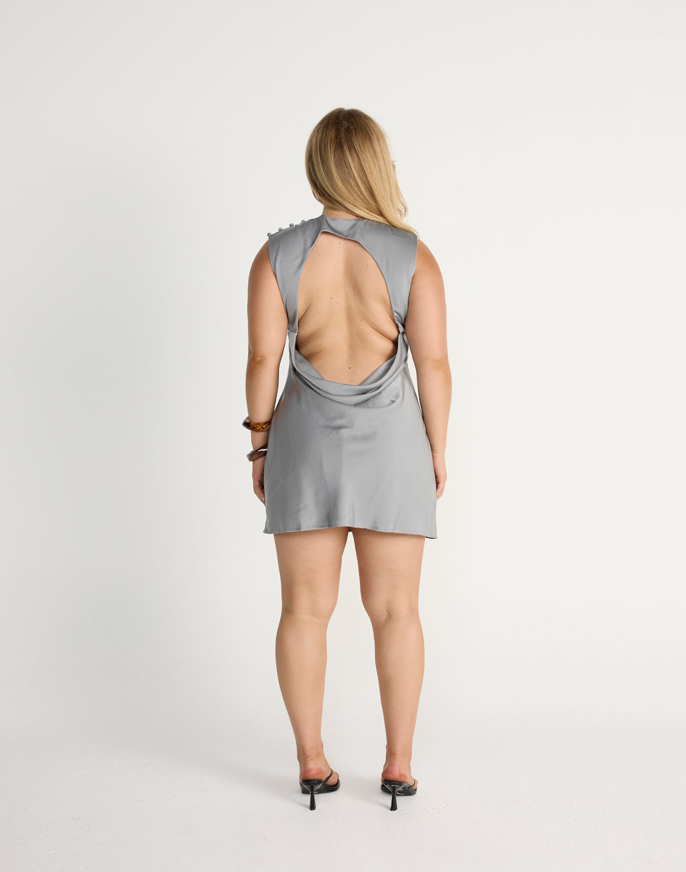 Rikke Mini Dress (Smokey Blue) | CHARCOAL Exclusive - Satin Backless Cut Out Relaxed Fit Mini - Women's Dress - Charcoal Clothing