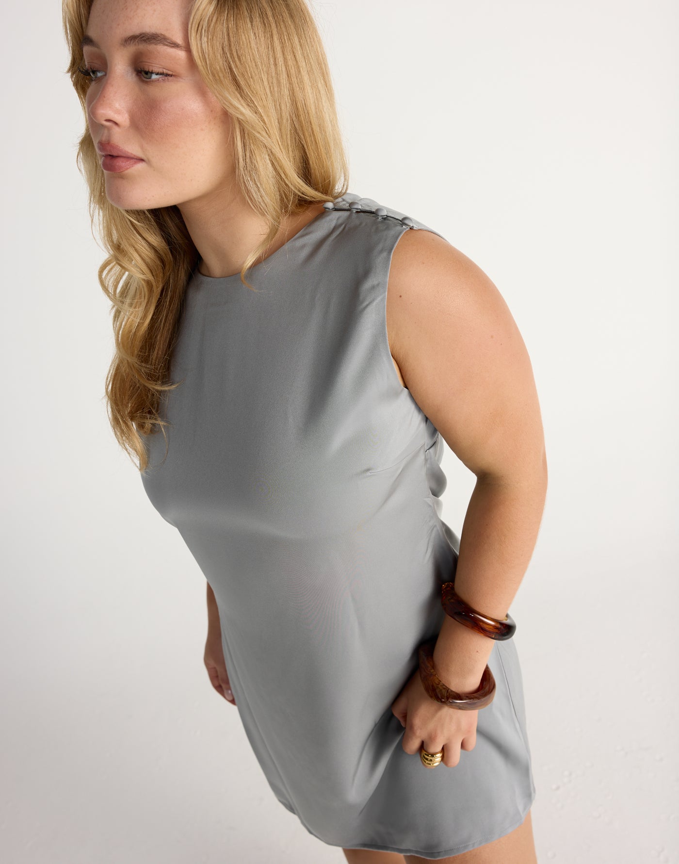 Rikke Mini Dress (Smokey Blue) | CHARCOAL Exclusive - Satin Backless Cut Out Relaxed Fit Mini - Women's Dress - Charcoal Clothing