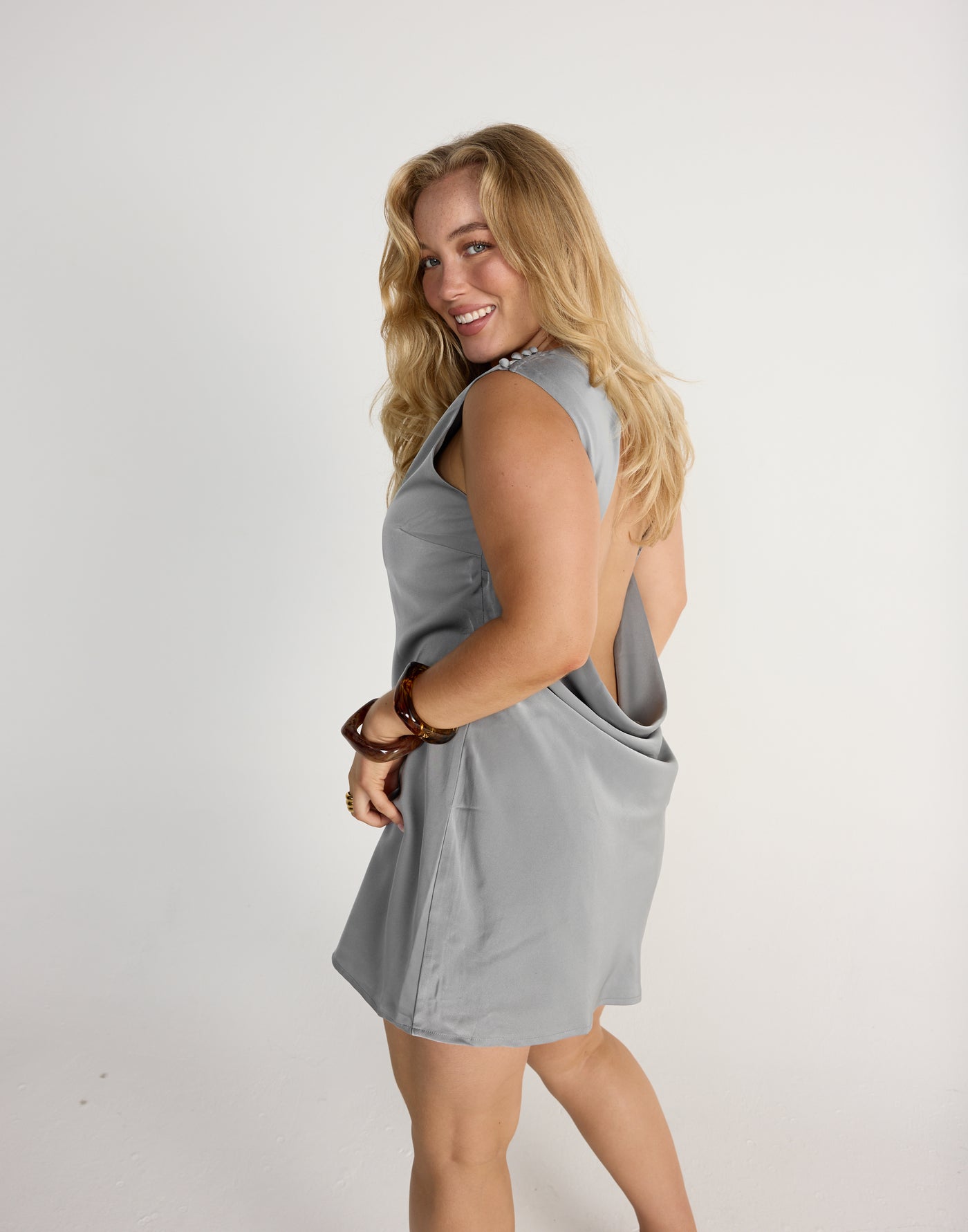 Rikke Mini Dress (Smokey Blue) | CHARCOAL Exclusive - Satin Backless Cut Out Relaxed Fit Mini - Women's Dress - Charcoal Clothing