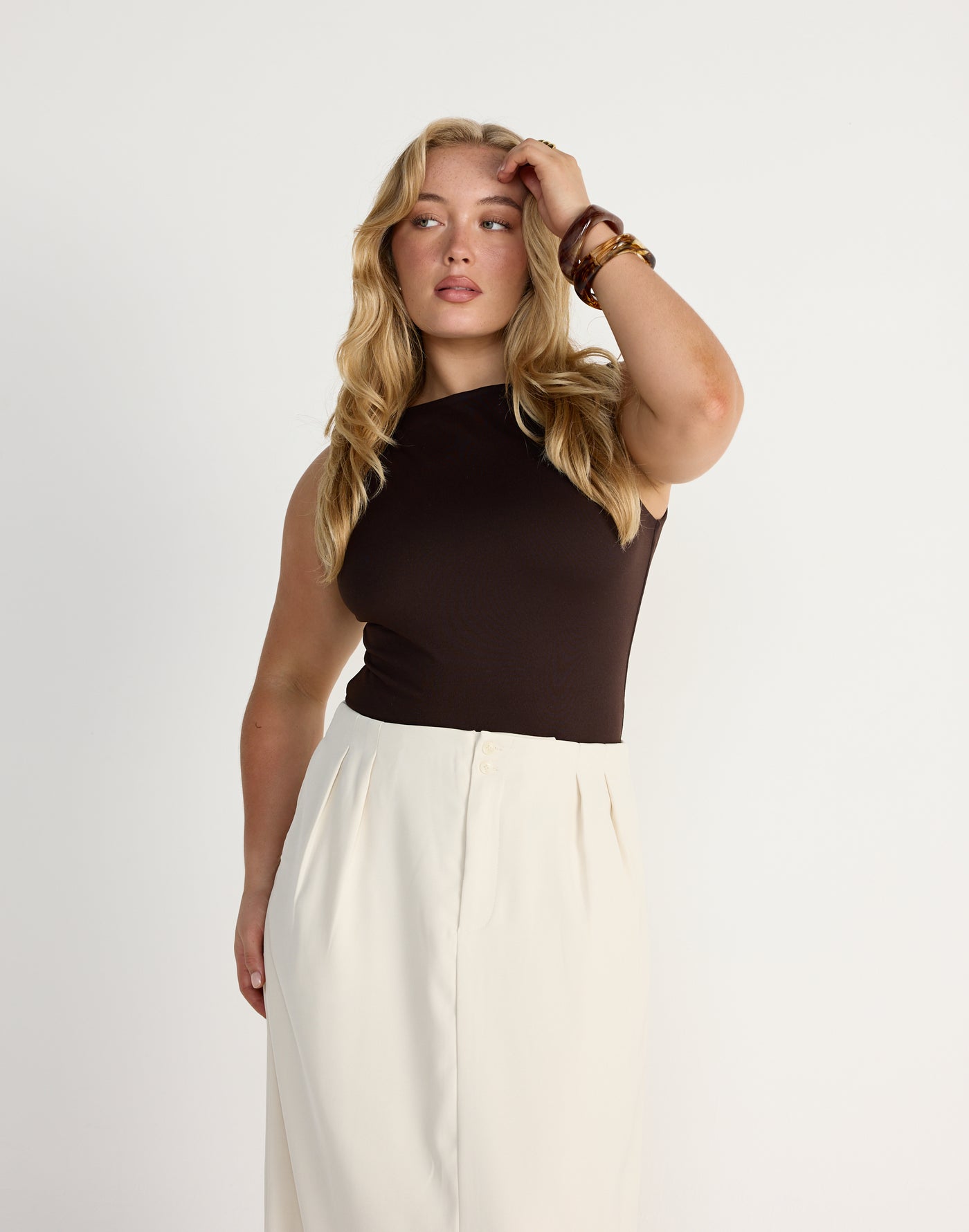 Alda Top (Chocolate) - Boat Neckline Jersey Bodycon Top - Women's Top - Charcoal Clothing