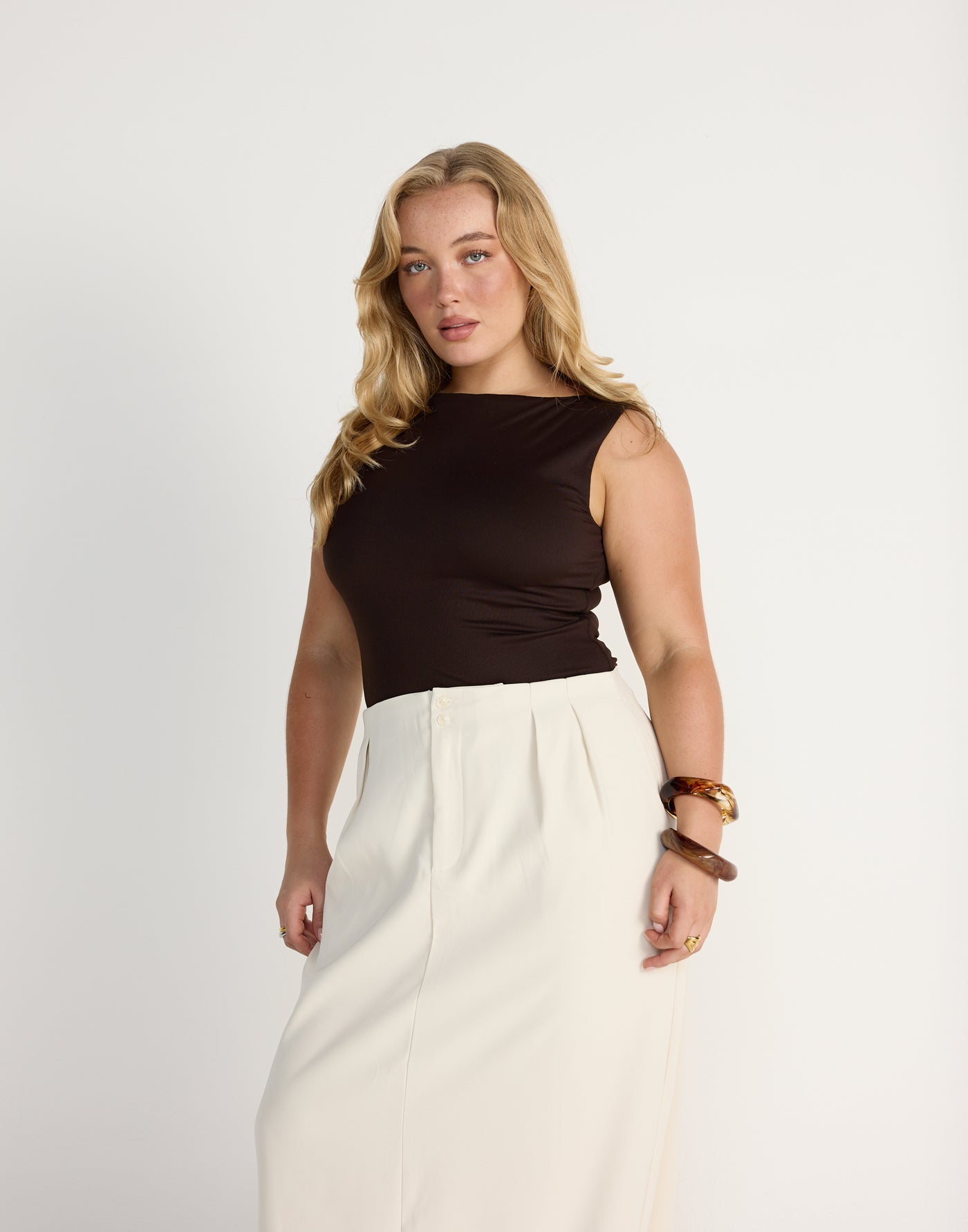 Alda Top (Chocolate) - Boat Neckline Jersey Bodycon Top - Women's Top - Charcoal Clothing