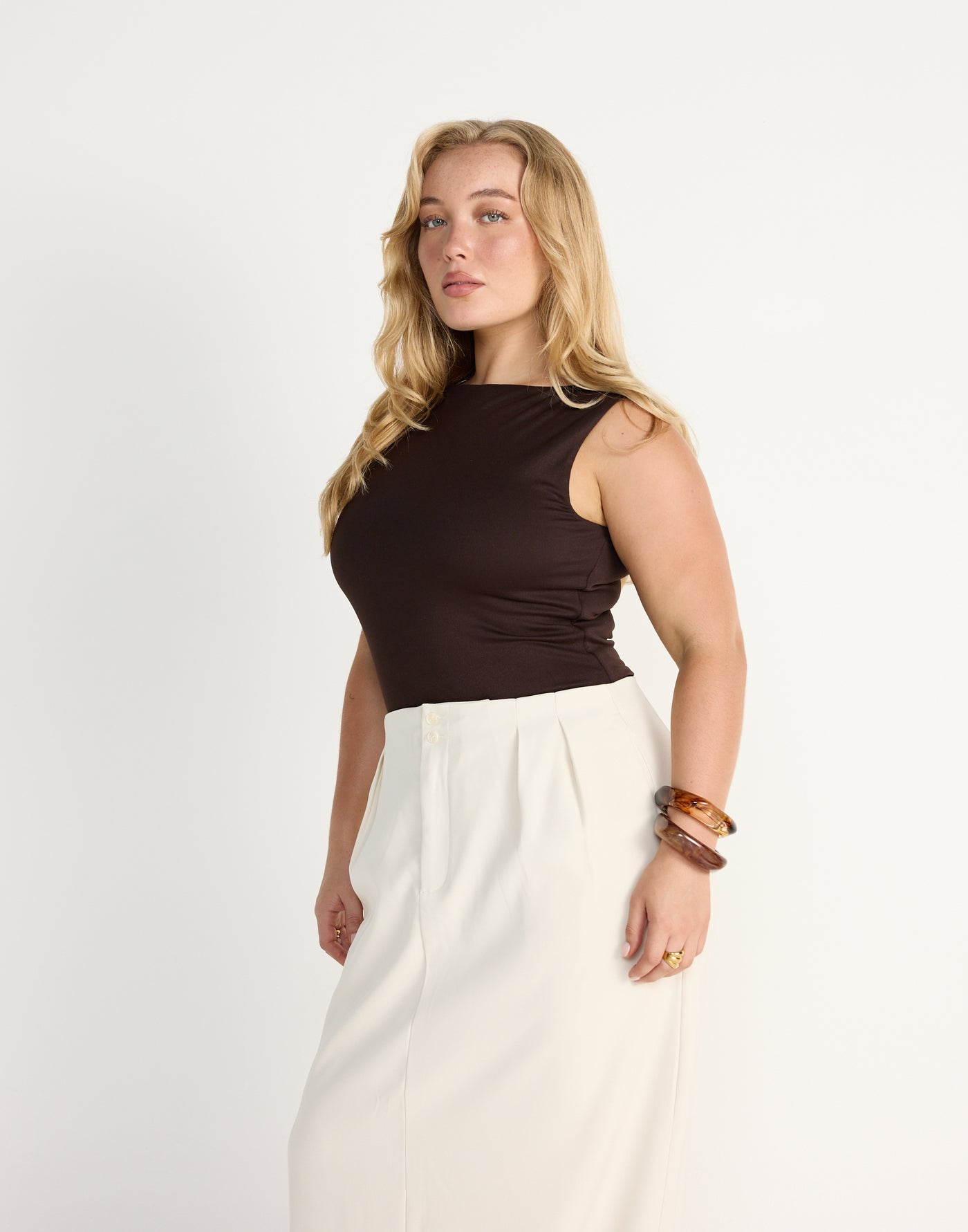 Alda Top (Chocolate) - Boat Neckline Jersey Bodycon Top - Women's Top - Charcoal Clothing