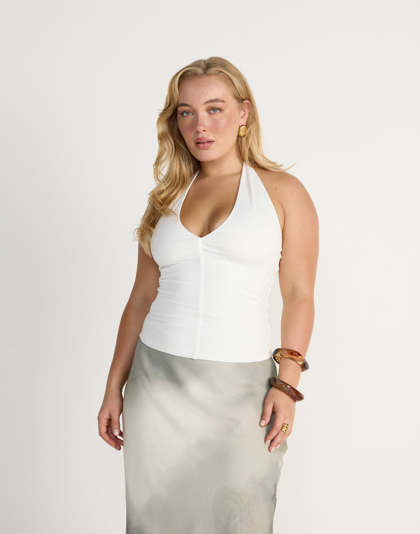 Marina Top (White) | CHARCOAL EXCLUSIVE | Halter Neckline Jersey Fabrication Fitted Top - Women's Top - Charcoal Clothing