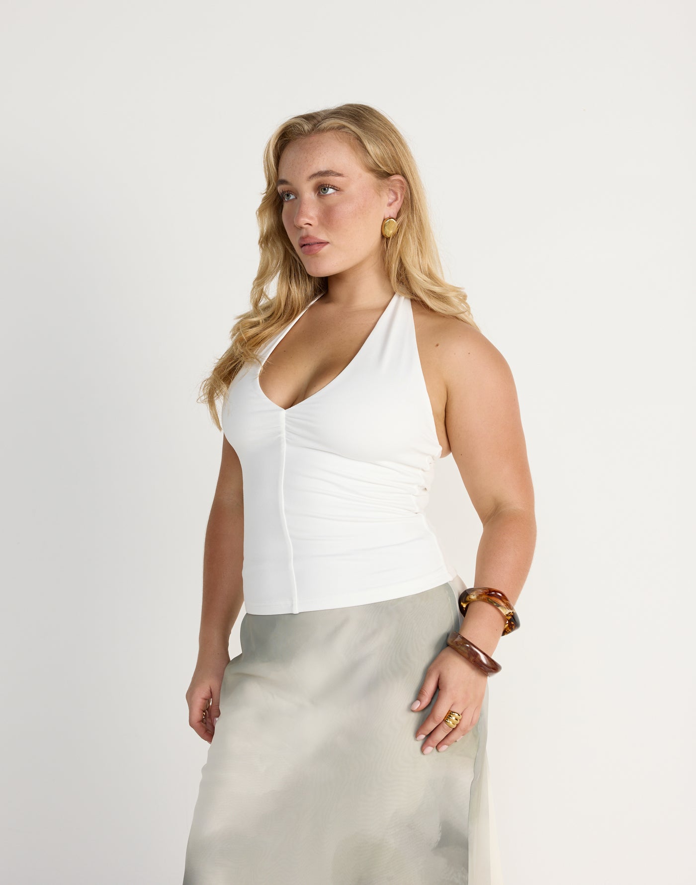 Marina Top (White) | CHARCOAL EXCLUSIVE | Halter Neckline Jersey Fabrication Fitted Top - Women's Top - Charcoal Clothing