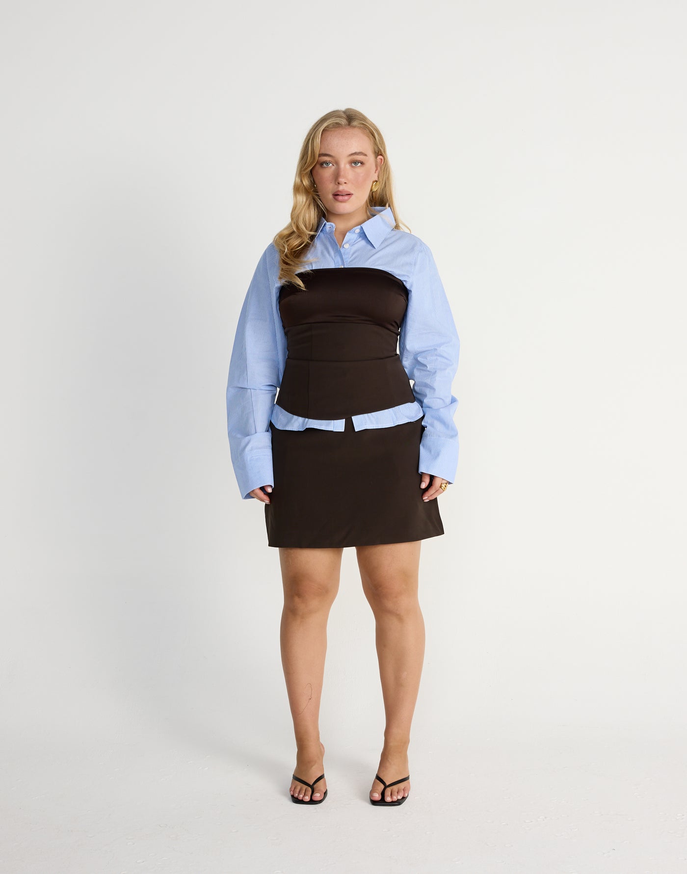 Suki Top (Chocolate) | CHARCOAL Exclusive - Satin Detail Strapless Suiting Top - Women's Top - Charcoal Clothing