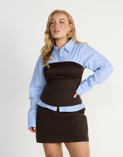 Suki Top (Chocolate) | CHARCOAL Exclusive - Satin Detail Strapless Suiting Top - Women's Top - Charcoal Clothing