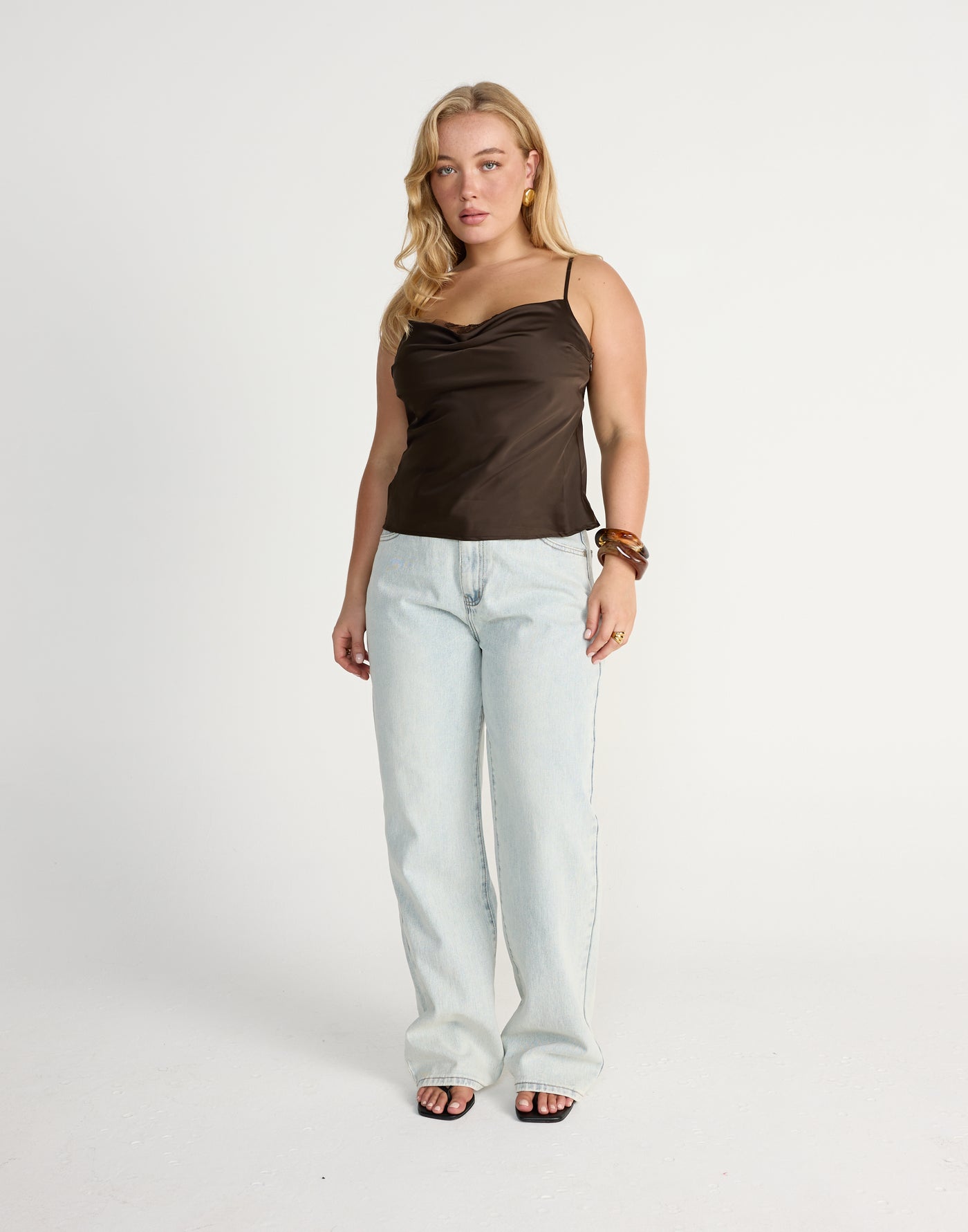 Fated Cami Top (Chocolate) | CHARCOAL Exclusive - Lace Detail Satin Cami - Women's Top - Charcoal Clothing
