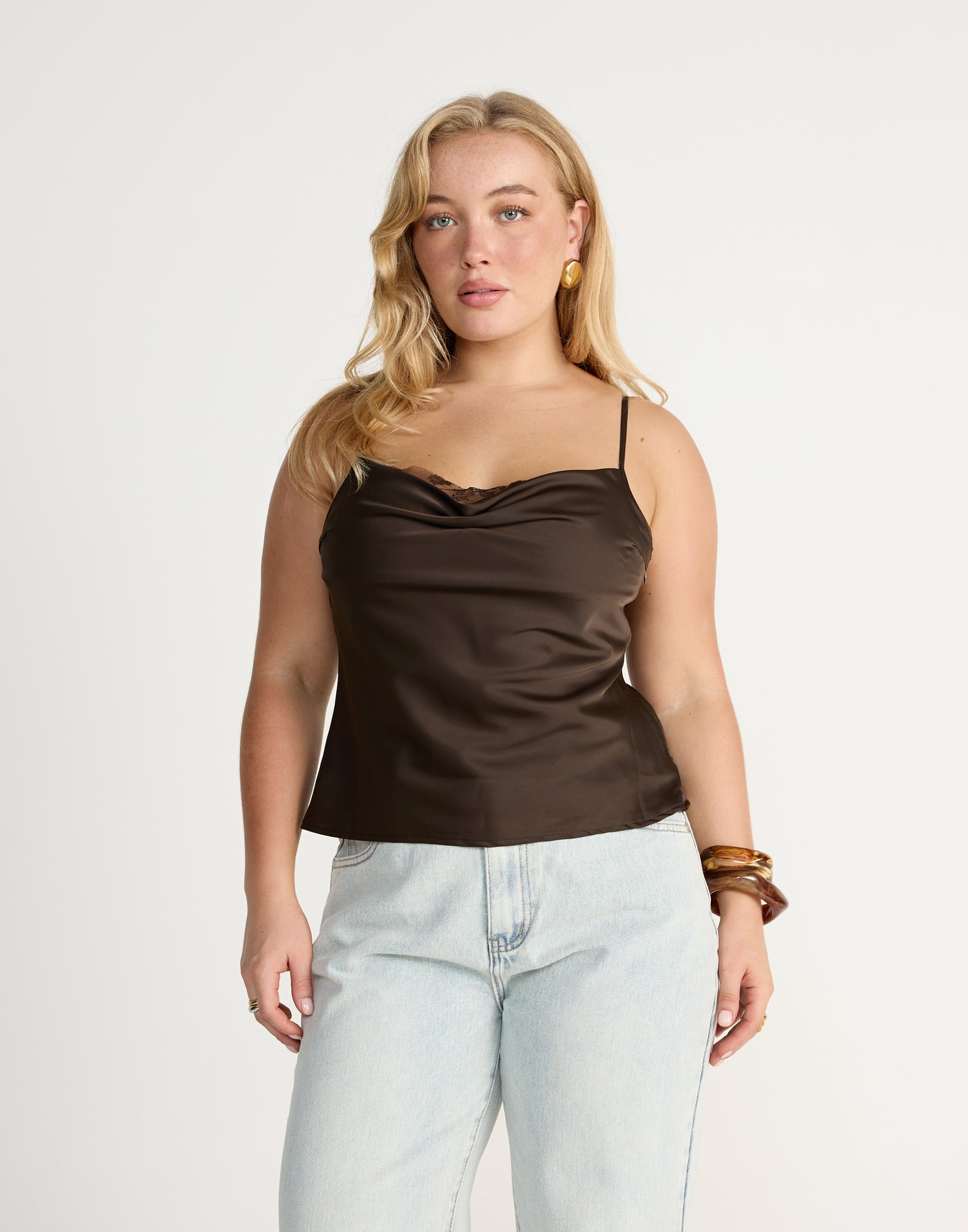 Fated Cami Top (Chocolate) | CHARCOAL Exclusive - Lace Detail Satin Cami - Women's Top - Charcoal Clothing