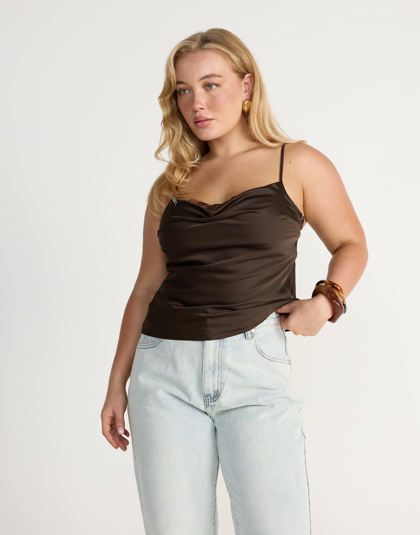 Fated Cami Top (Chocolate) | CHARCOAL Exclusive - Lace Detail Satin Cami - Women's Top - Charcoal Clothing