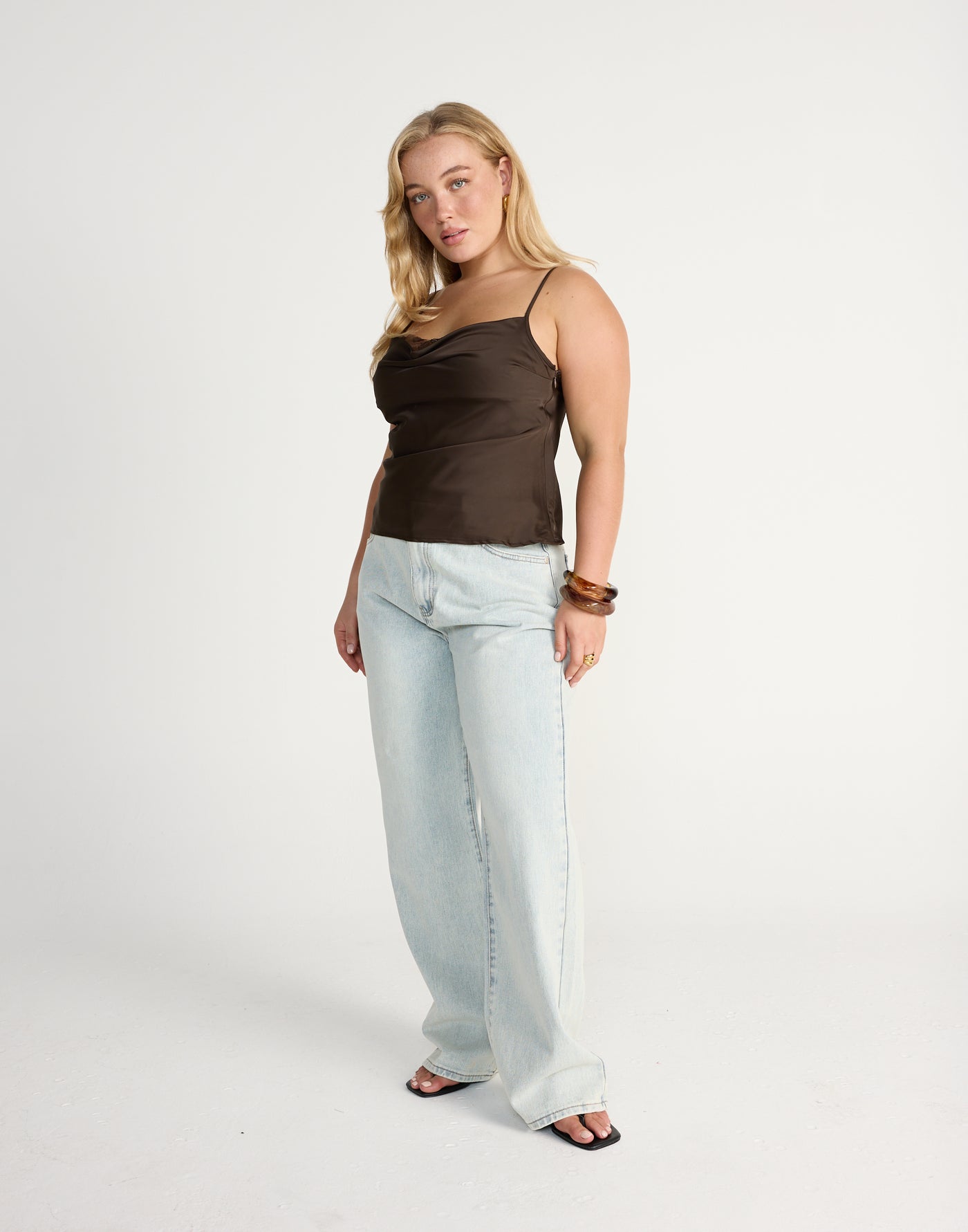 Fated Cami Top (Chocolate) | CHARCOAL Exclusive - Lace Detail Satin Cami - Women's Top - Charcoal Clothing