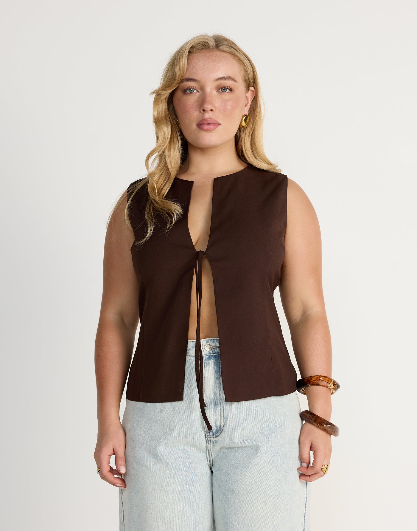 Caisey Top (Chocolate) | CHARCOAL Exclusive - Open Tie Front Detail Top - Women's Top - Charcoal Clothing