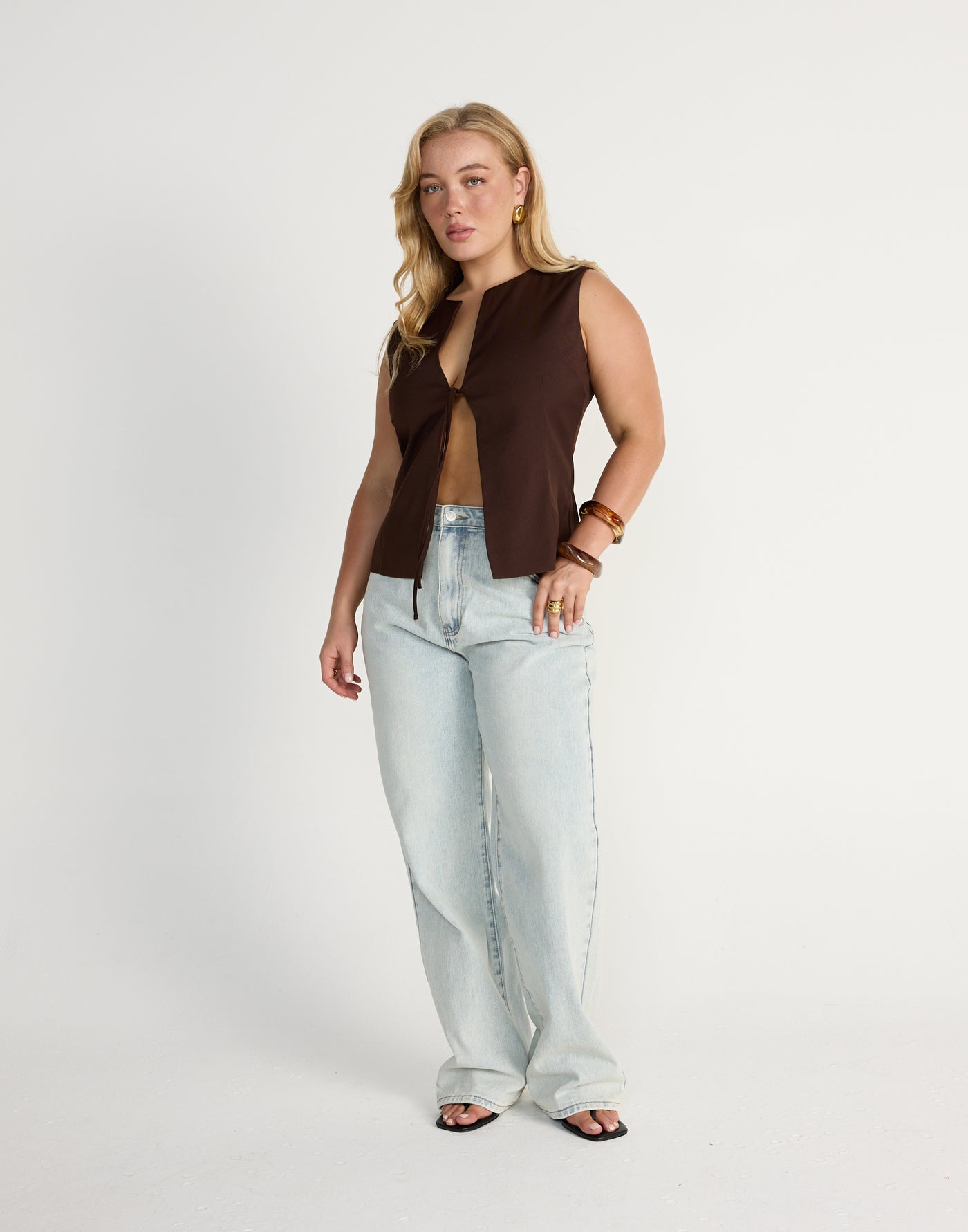Caisey Top (Chocolate) | CHARCOAL Exclusive - Open Tie Front Detail Top - Women's Top - Charcoal Clothing