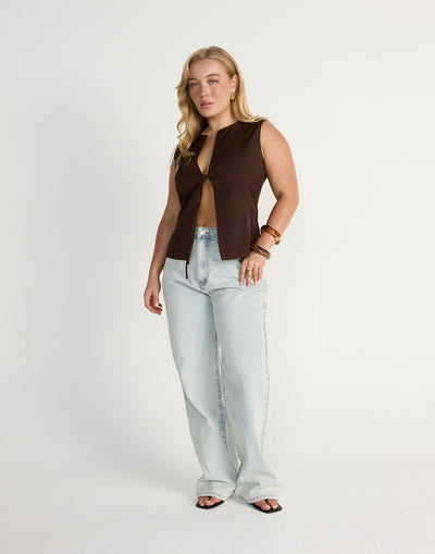 Caisey Top (Chocolate) | CHARCOAL Exclusive - Open Tie Front Detail Top - Women's Top - Charcoal Clothing