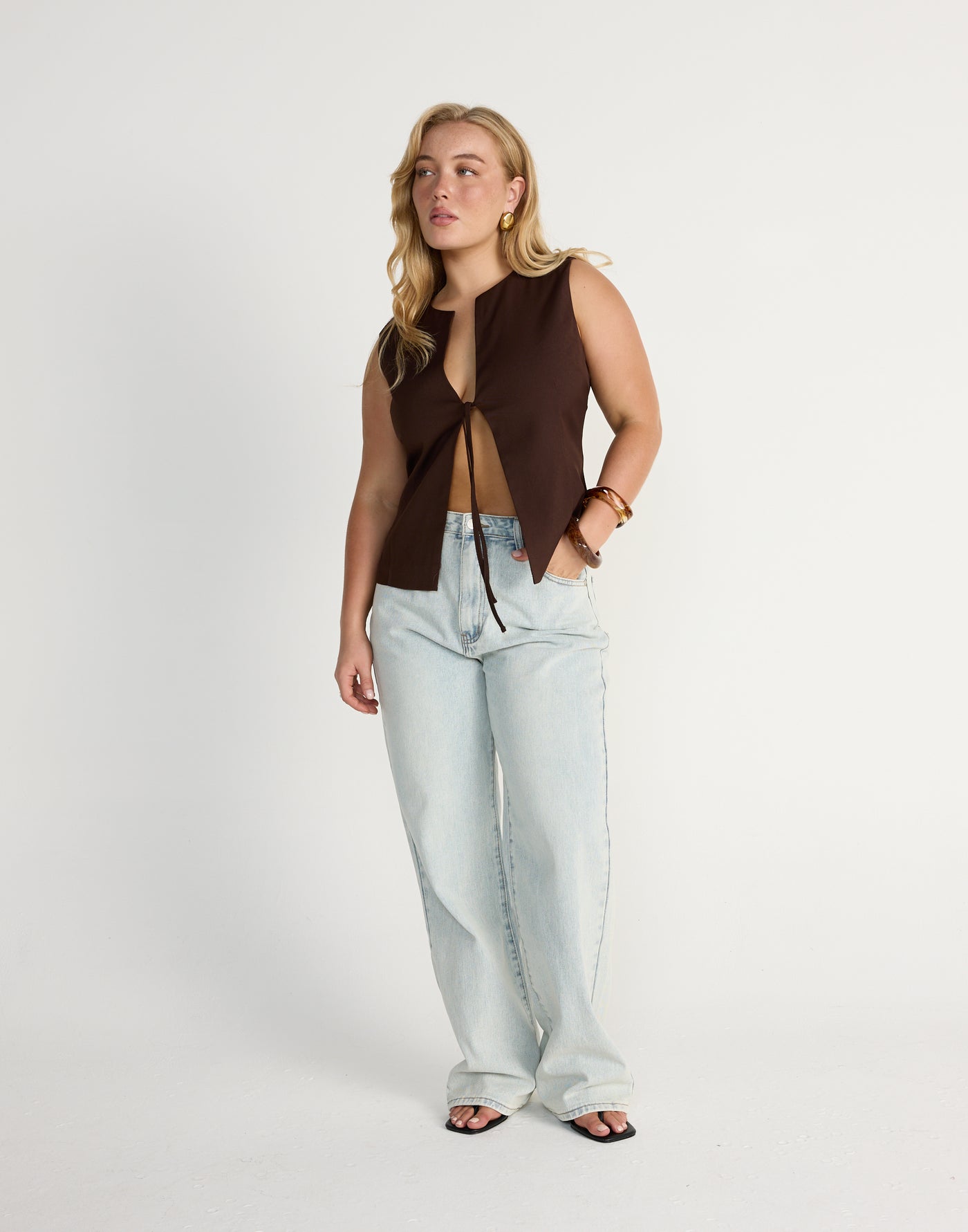 Caisey Top (Chocolate) | CHARCOAL Exclusive - Open Tie Front Detail Top - Women's Top - Charcoal Clothing