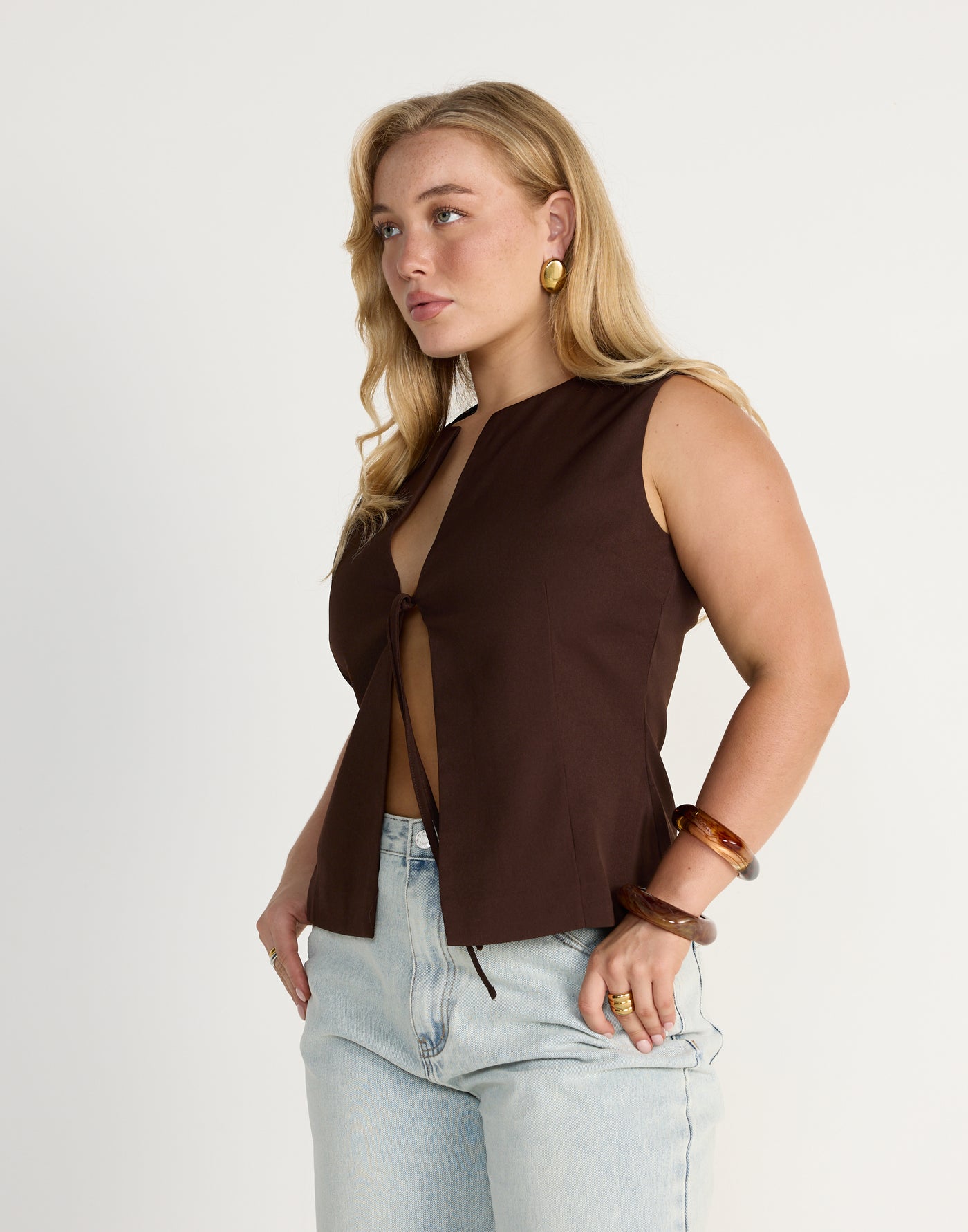 Caisey Top (Chocolate) | CHARCOAL Exclusive - Open Tie Front Detail Top - Women's Top - Charcoal Clothing