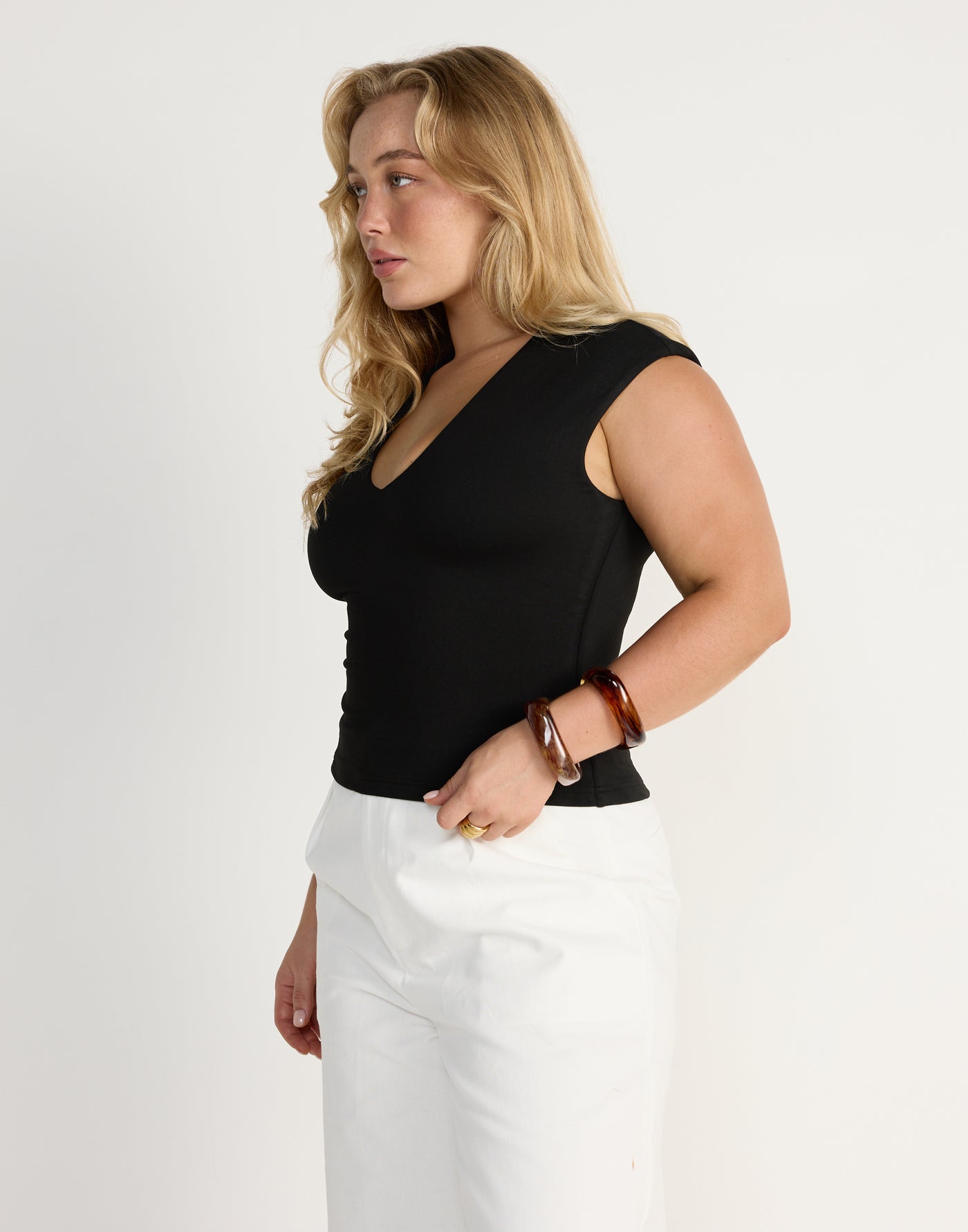 Deka Top (Black) | CHARCOAL EXCLUSIVE | V-neckline jersey fabrication fitted top - Women's Top - Charcoal Clothing