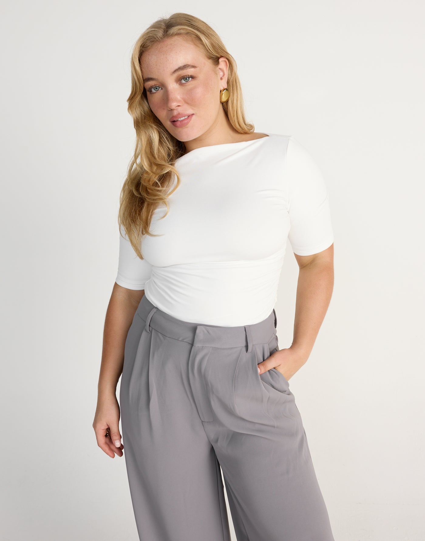 Caprice Top (White) | CHARCOAL EXCLUSIVE | Short sleeved bodycon butter jersey highneck top - Women's Top - Charcoal Clothing