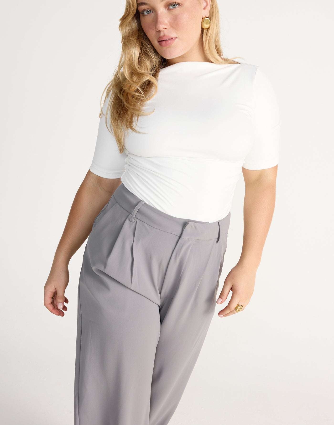 Caprice Top (White) | CHARCOAL EXCLUSIVE | Short sleeved bodycon butter jersey highneck top - Women's Top - Charcoal Clothing