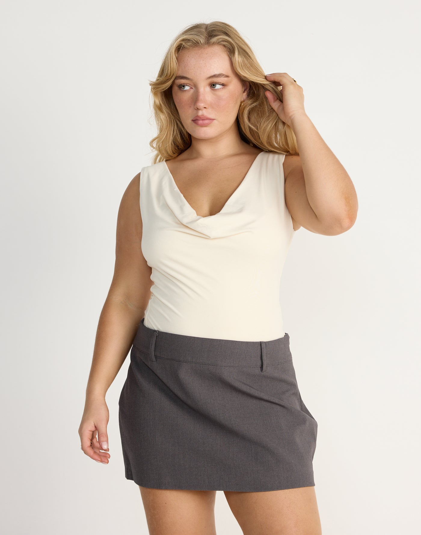Josette Top (Oat) | CHARCOAL EXCLUSIVE | Cowl neck butter jersey fabrication longline top - Women's Top - Charcoal Clothing