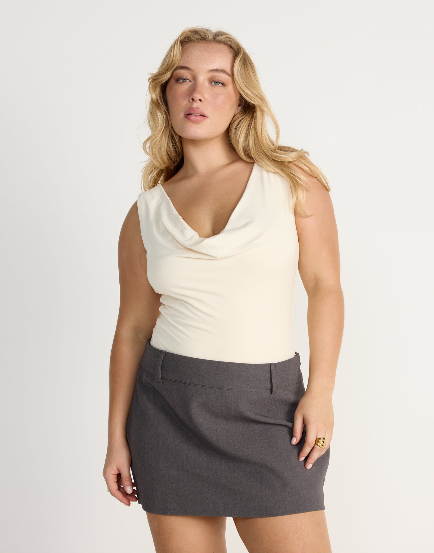 Rosalinda Mini Skirt (Textured Slate) | CHARCOAL EXCLUSIVE | Grey Textured Mid Rise Mini Skirt With Belt Loops - Women's Skirt - Charcoal Clothing