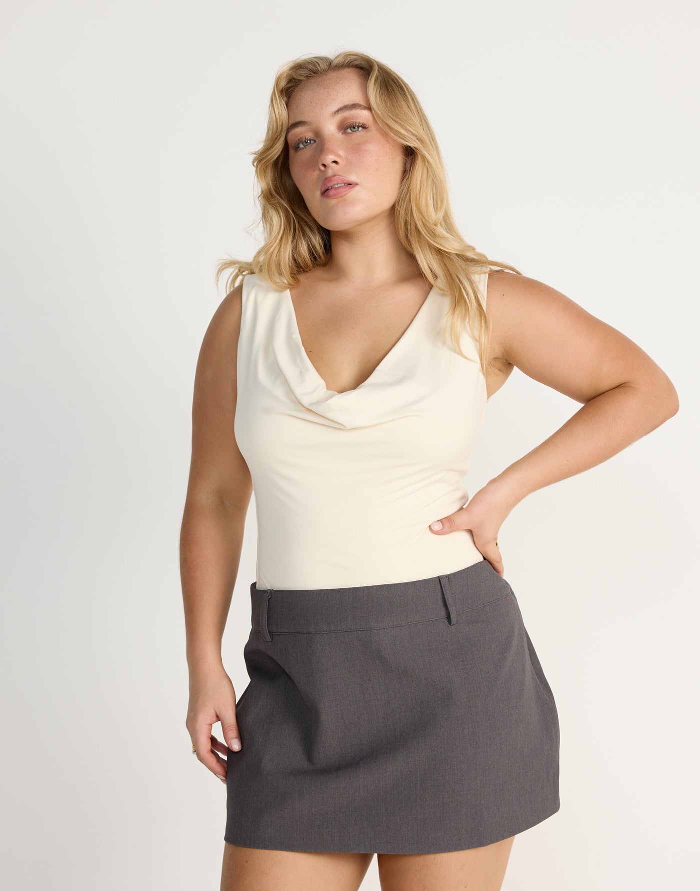 Josette Top (Oat) | CHARCOAL EXCLUSIVE | Cowl neck butter jersey fabrication longline top - Women's Top - Charcoal Clothing