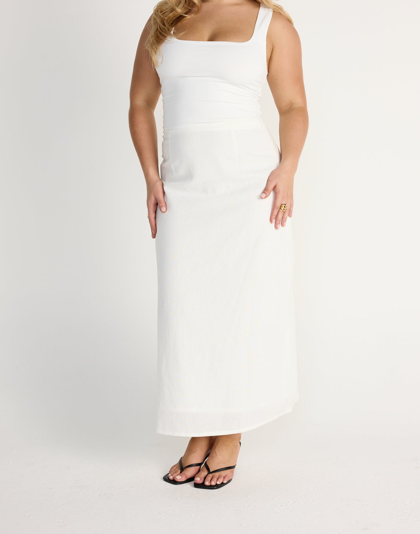 Cleo Midi Skirt (White)- CHARCOAL EXCLUSIVE - Linen Mid Rise Midi Skirt - Women's Skirt - Charcoal Clothing