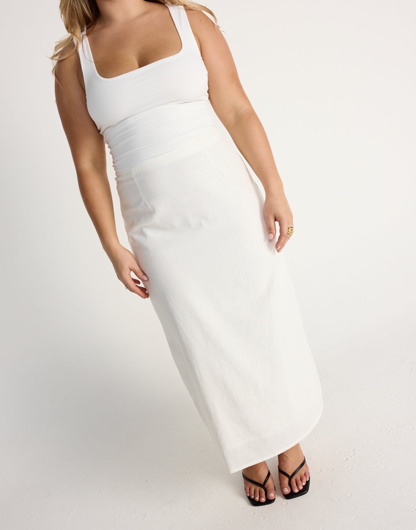 Cleo Midi Skirt (White)- CHARCOAL EXCLUSIVE - Linen Mid Rise Midi Skirt - Women's Skirt - Charcoal Clothing