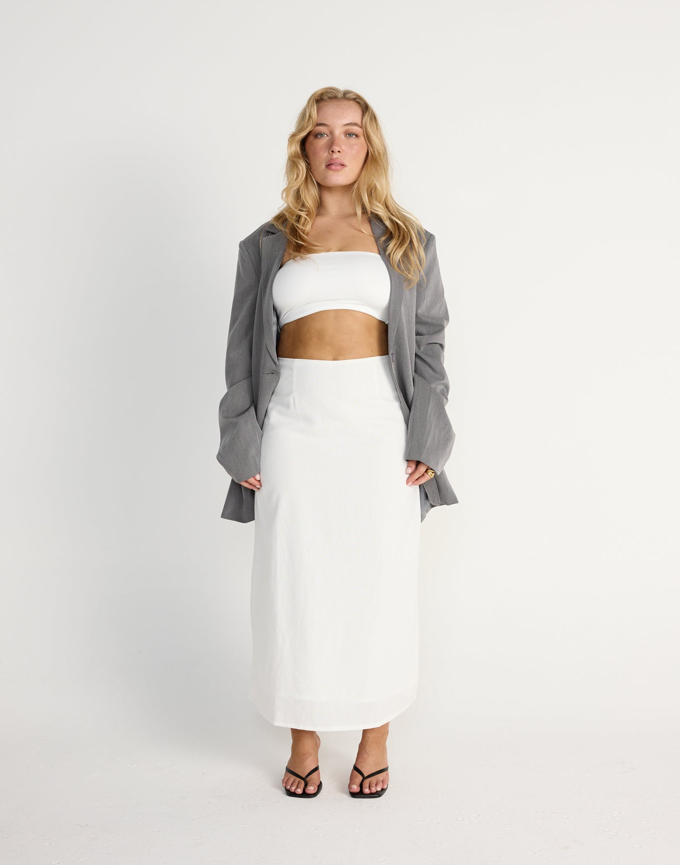Cleo Midi Skirt (White)- CHARCOAL EXCLUSIVE - Linen Mid Rise Midi Skirt - Women's Skirt - Charcoal Clothing