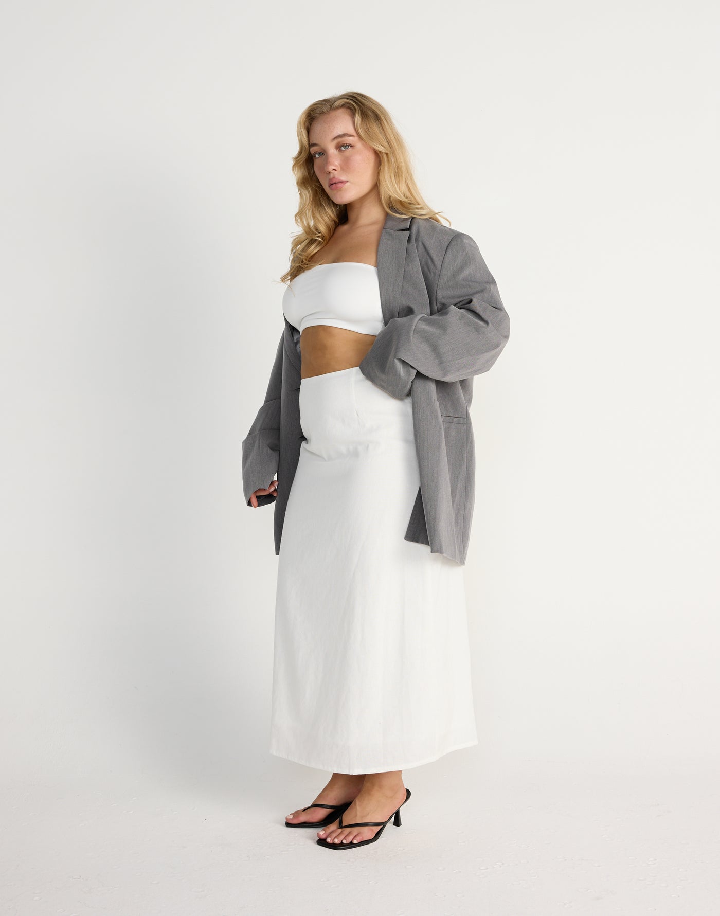 Cleo Midi Skirt (White)- CHARCOAL EXCLUSIVE - Linen Mid Rise Midi Skirt - Women's Skirt - Charcoal Clothing