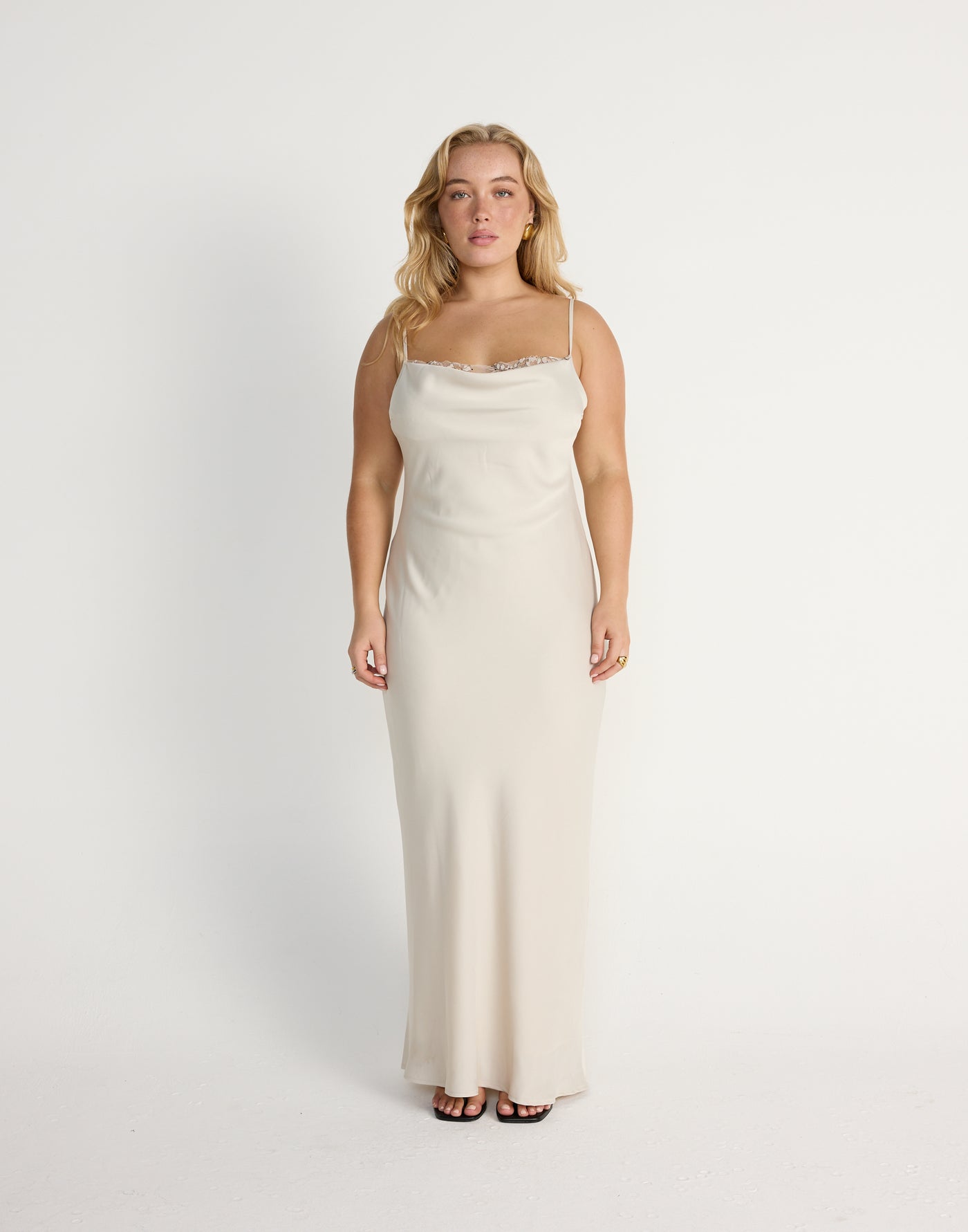 Fated Maxi Dress (Oat) | CHARCOAL Exclusive - Lace Detail Flowy Satin Maxi Dress - Women's Dress - Charcoal Clothing